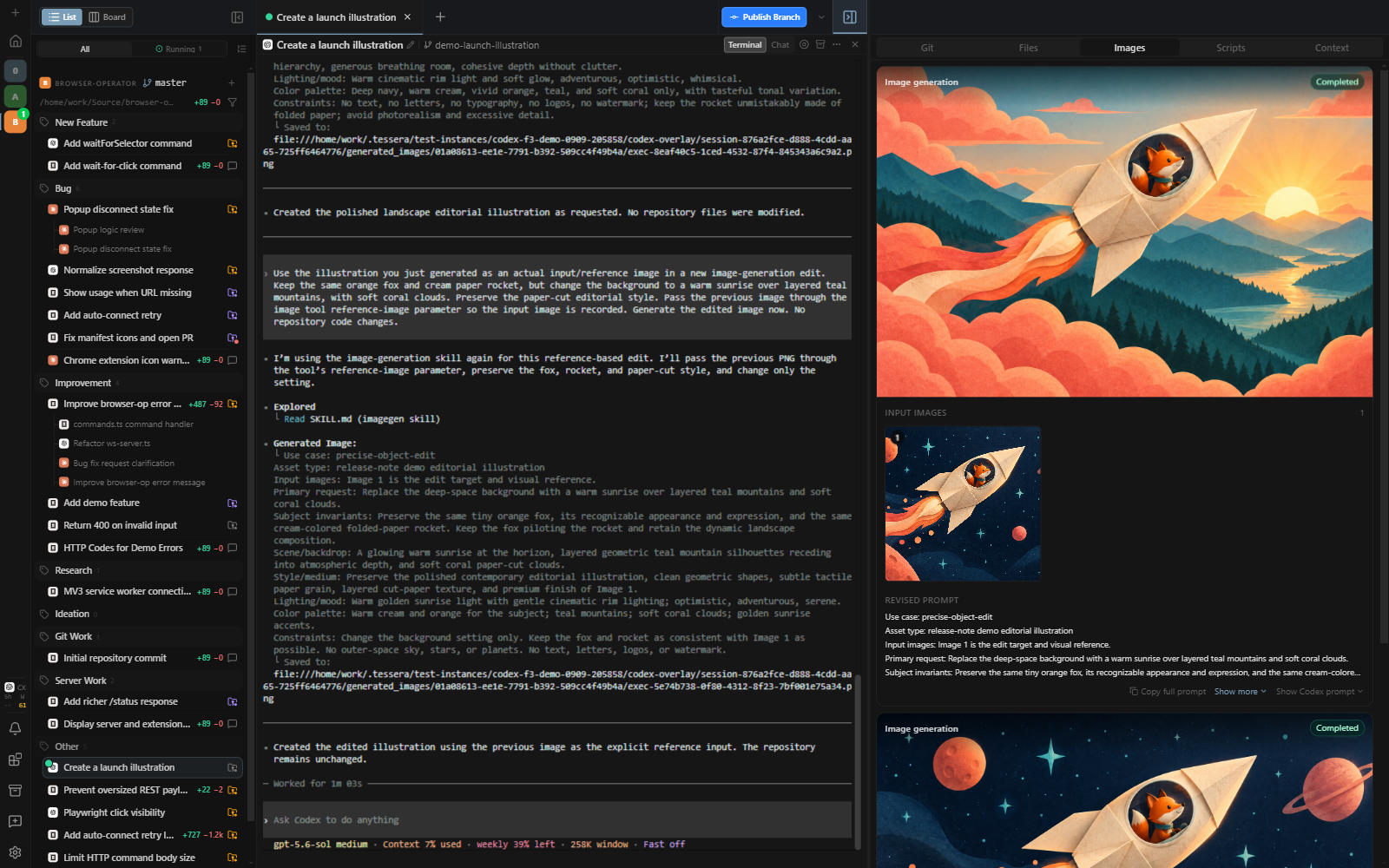 Generated images and reference inputs beside a Codex terminal session