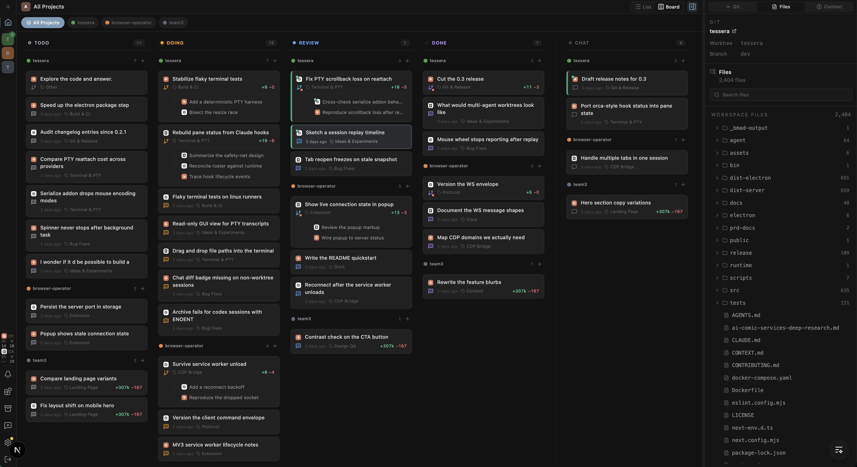 Tessera Kanban board showing active work across workflow stages