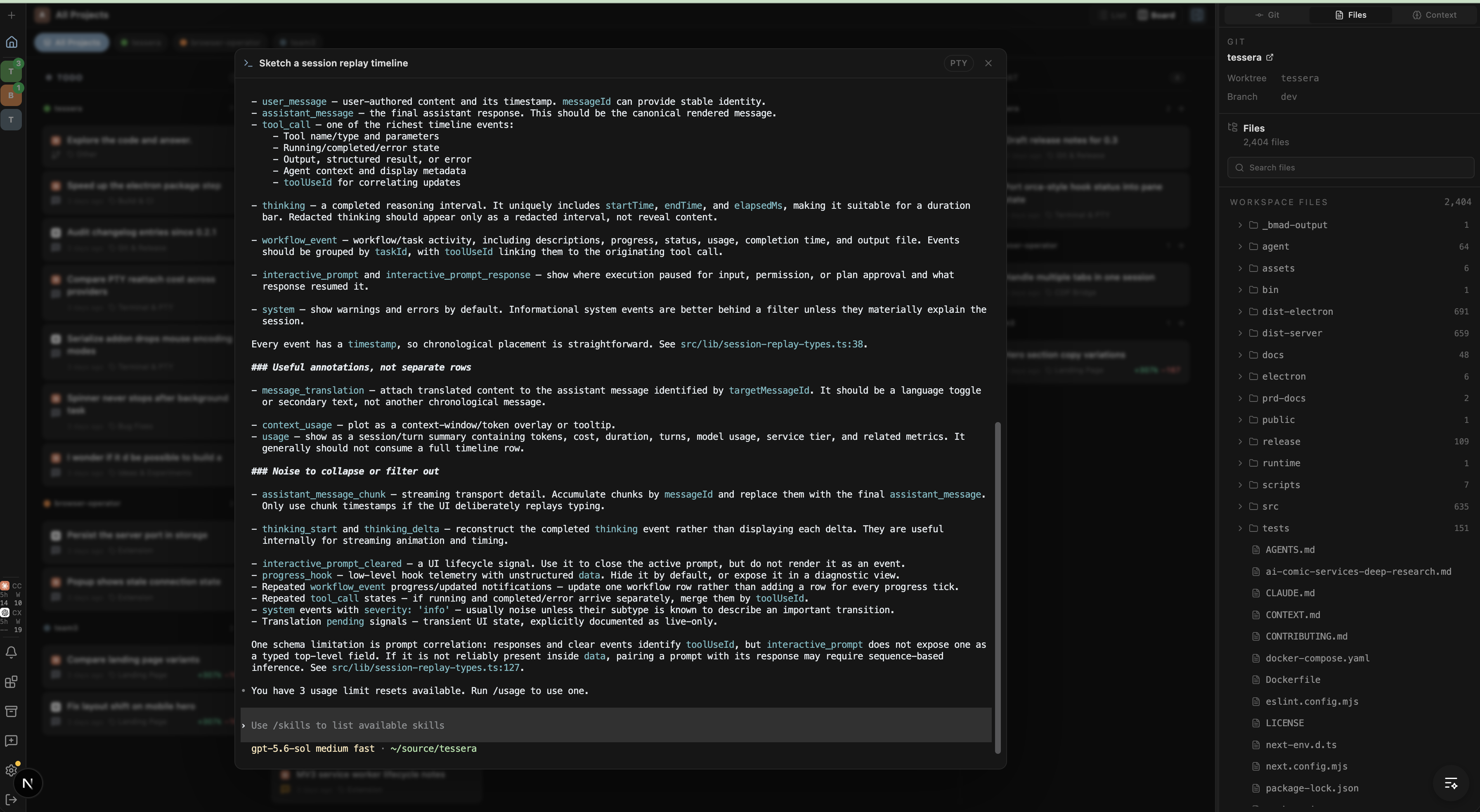 A terminal opened from a task on the Tessera Kanban board