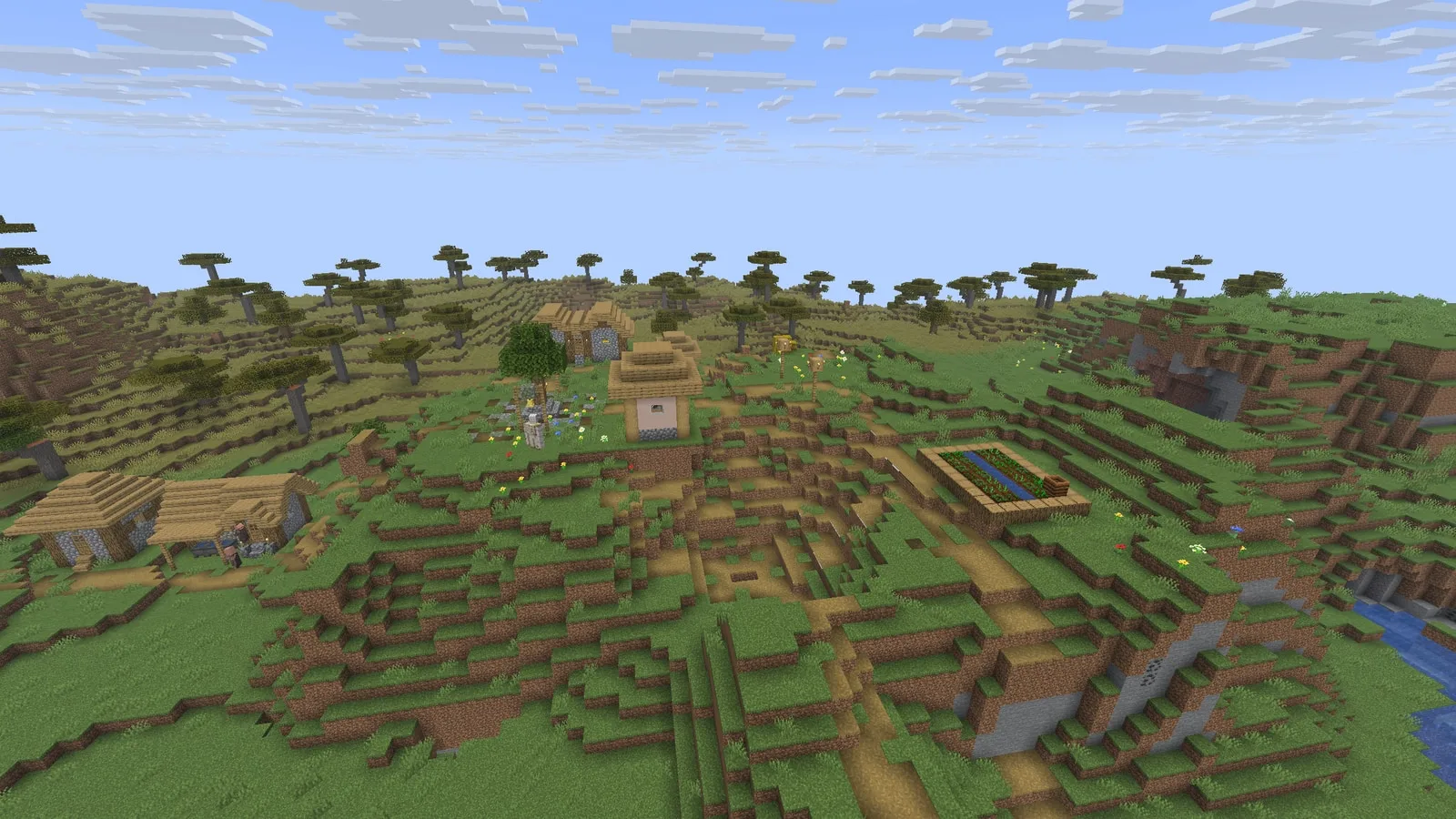 A plains village among savanna hills, with farms, villagers and an iron golem
