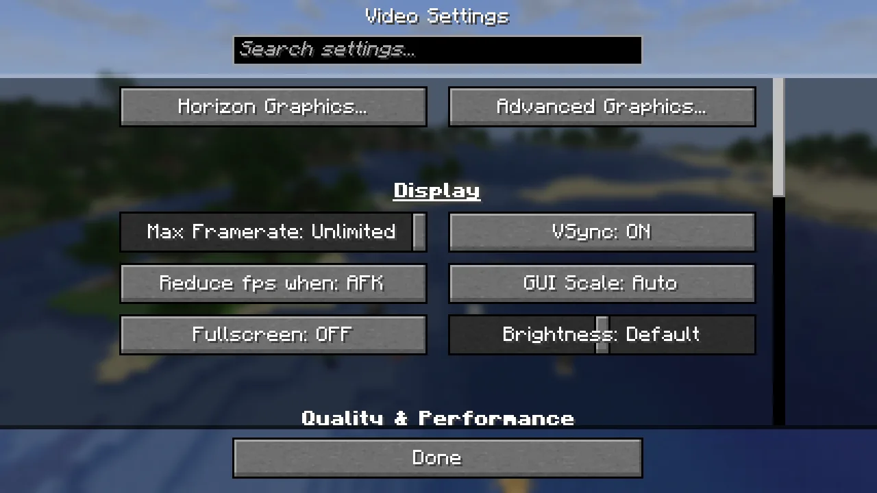 Vanilla's Video Settings screen with Horizon's own buttons at the top: Horizon Graphics and Advanced Graphics