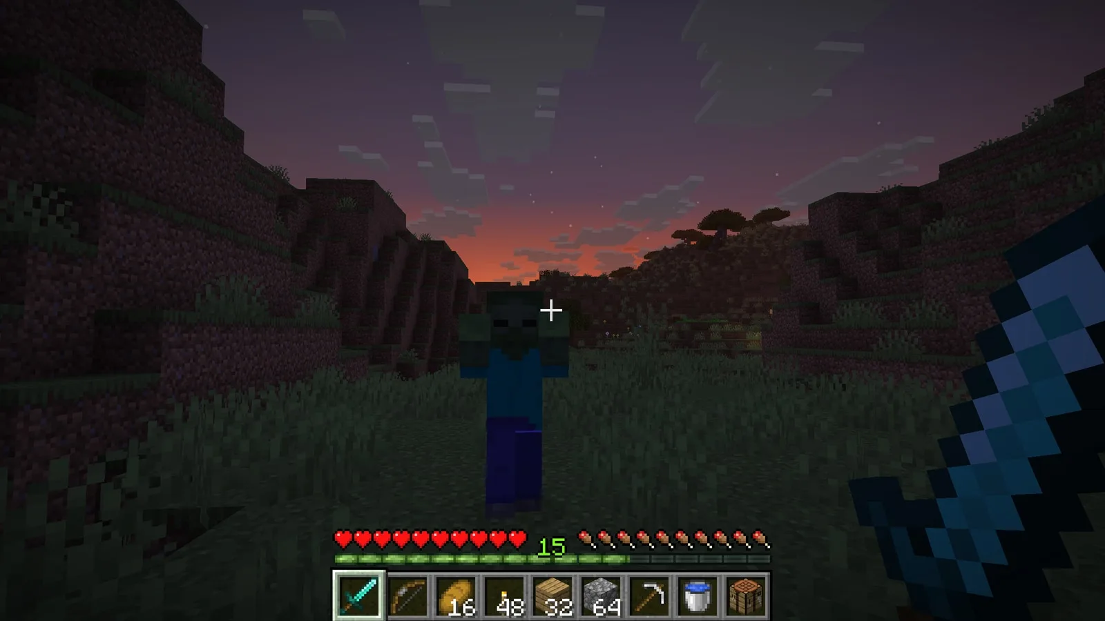 Survival at dusk: a zombie walks up, with the hotbar, health, hunger and experience