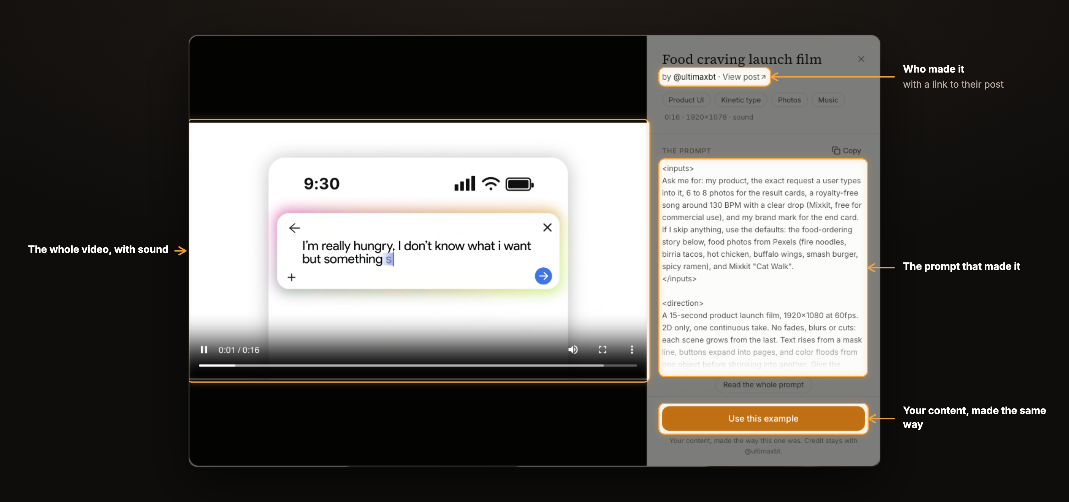 An example opened: the whole video playing with sound, its maker and a link to their post, the prompt that made it, and Use this example