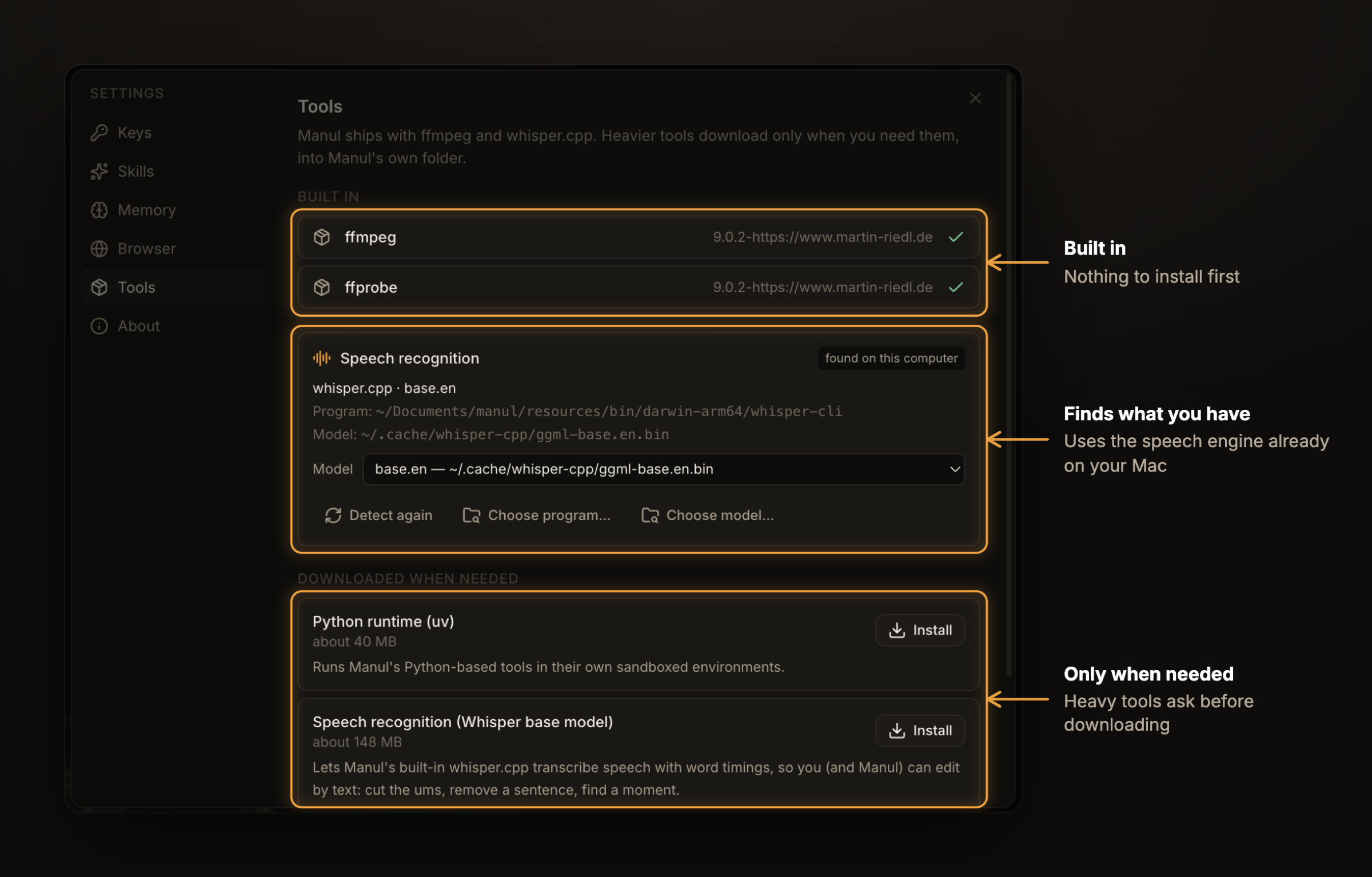 Settings, Tools: built-in tools, speech recognition found on this computer, heavier tools downloaded only when needed