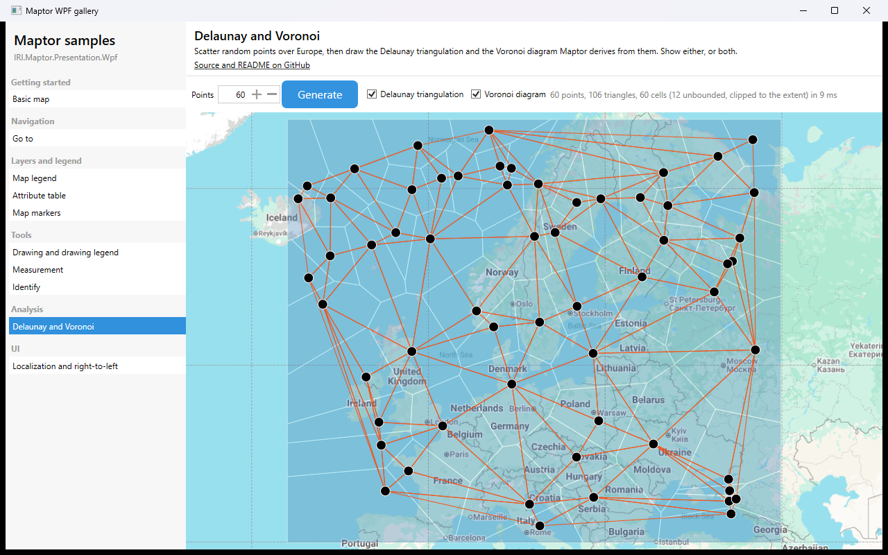 The Maptor WPF gallery computing a Delaunay triangulation and its dual Voronoi diagram over a map of Europe