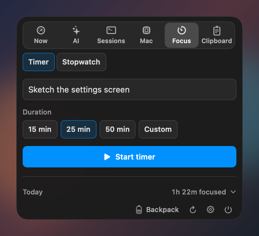 Focus setup with Timer and Stopwatch modes and explicit duration choices