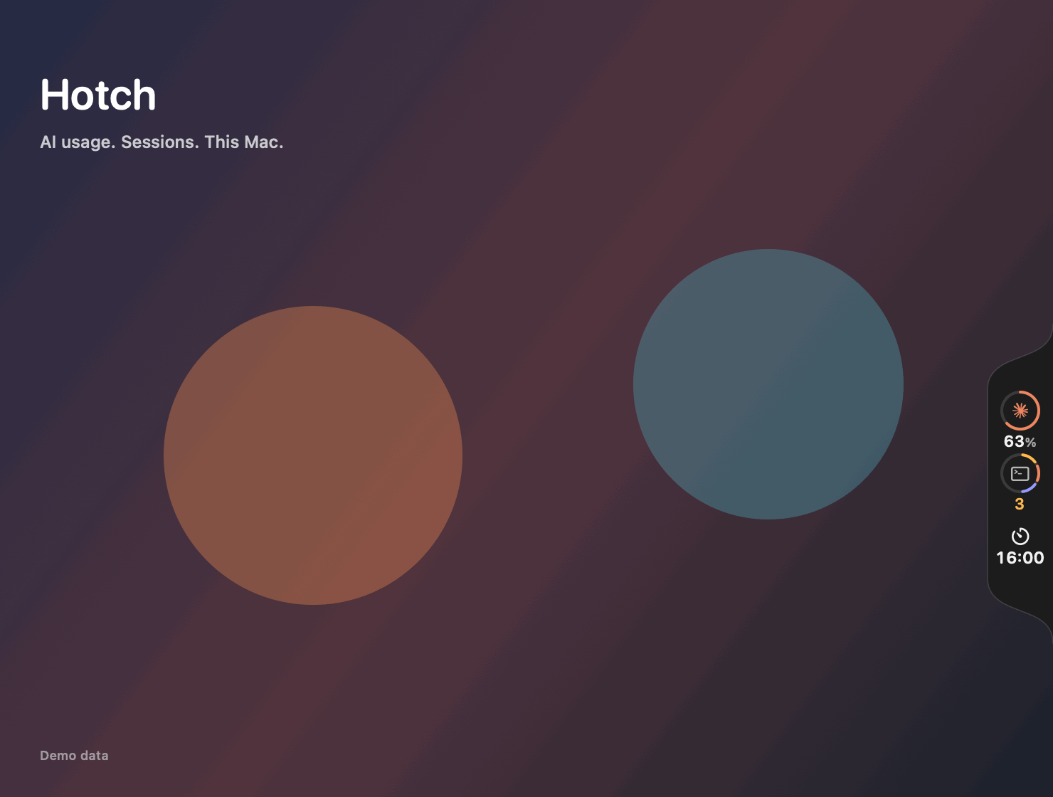 Native view tour with demo data: Now, AI, Sessions, Mac, Focus, Clipboard and an alert