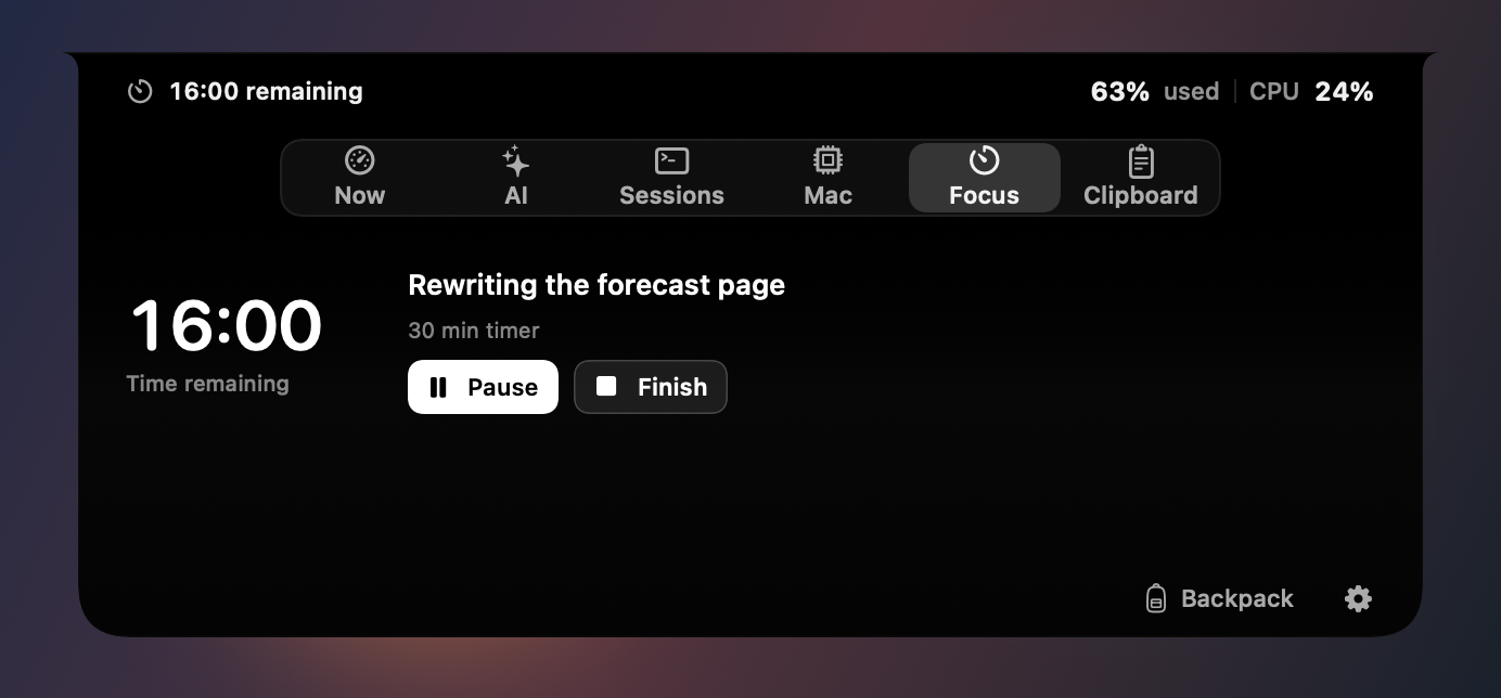 Focus running in Notch view, with a persistent clock above the tabs