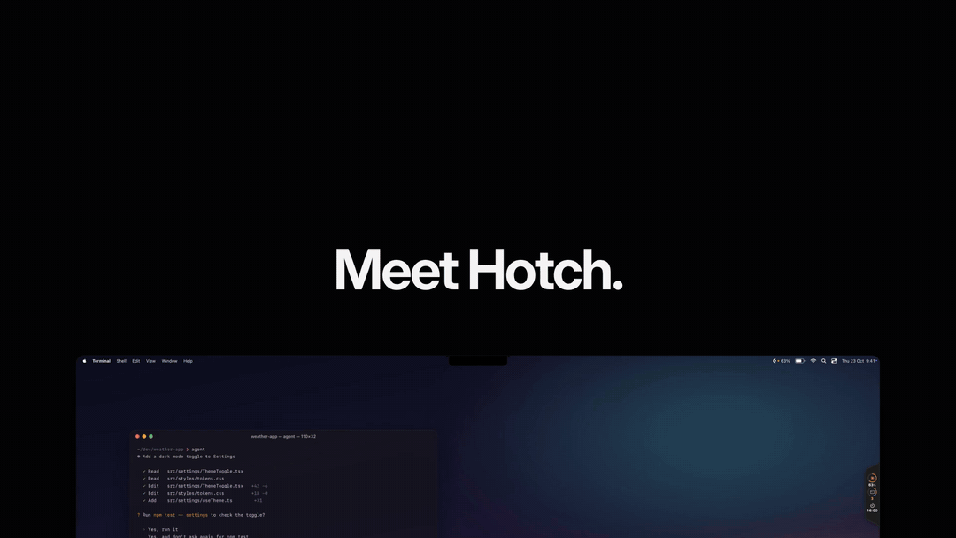 Hotch on the screen edge: the tab opens AI usage and live agent sessions, a sweep turns the desktop from dark to light, then Mac health, an alert, and the original notch view