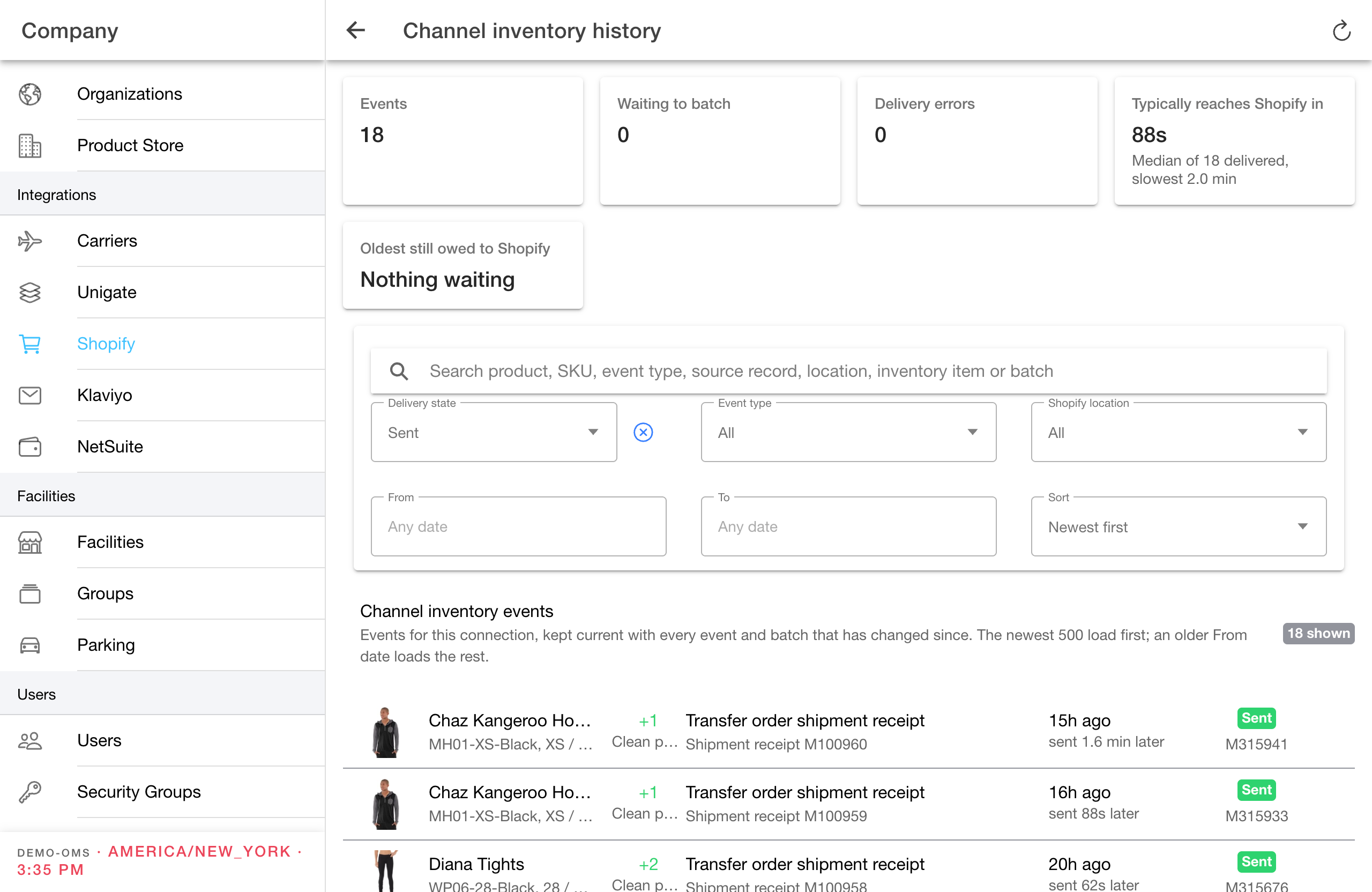 Company channel inventory history with the Sent filter, recorded demo inventory changes, and delivery summary cards