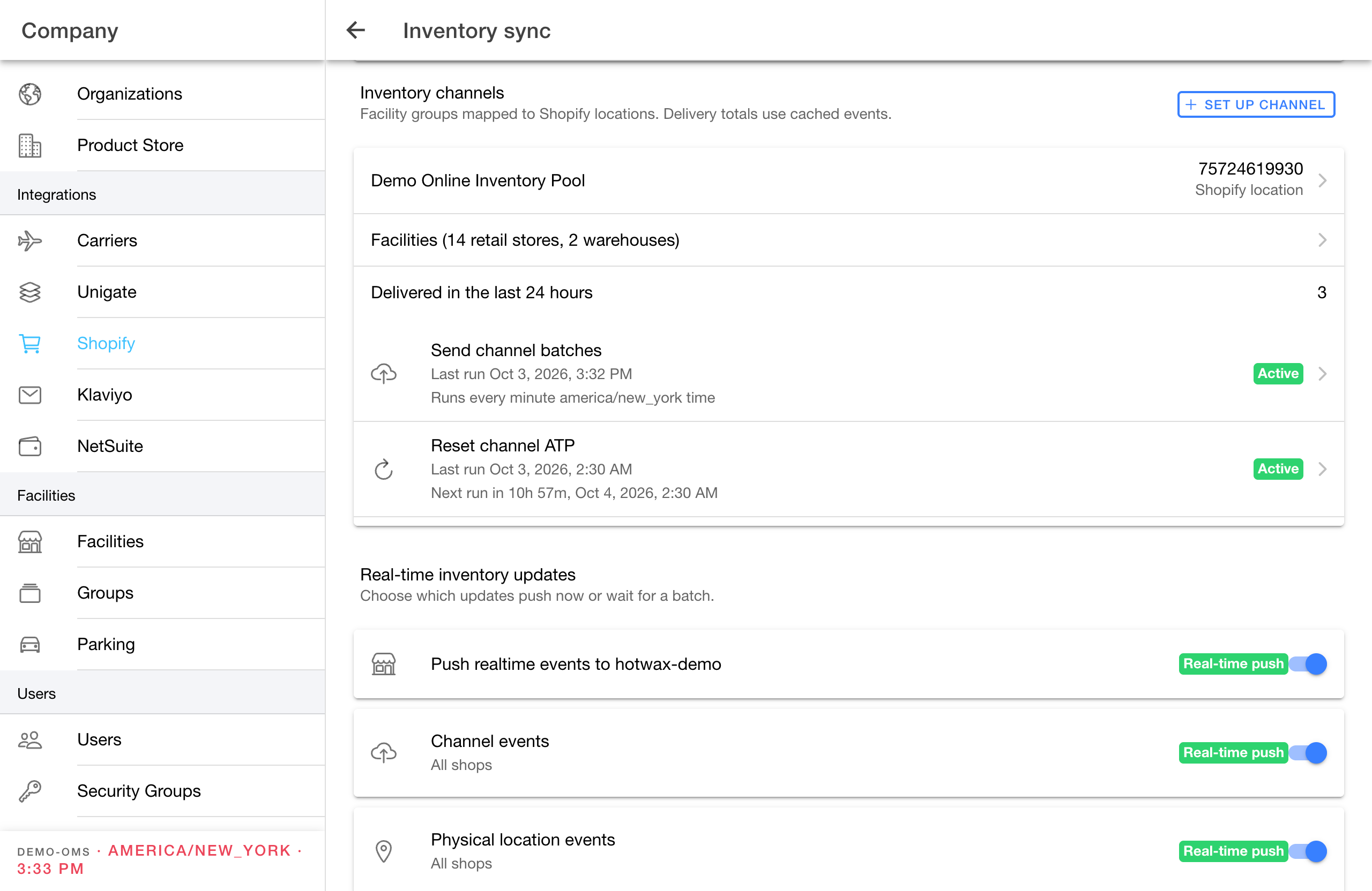 Company inventory sync showing a mapped demo channel, delivery activity, and active publishing and reset jobs