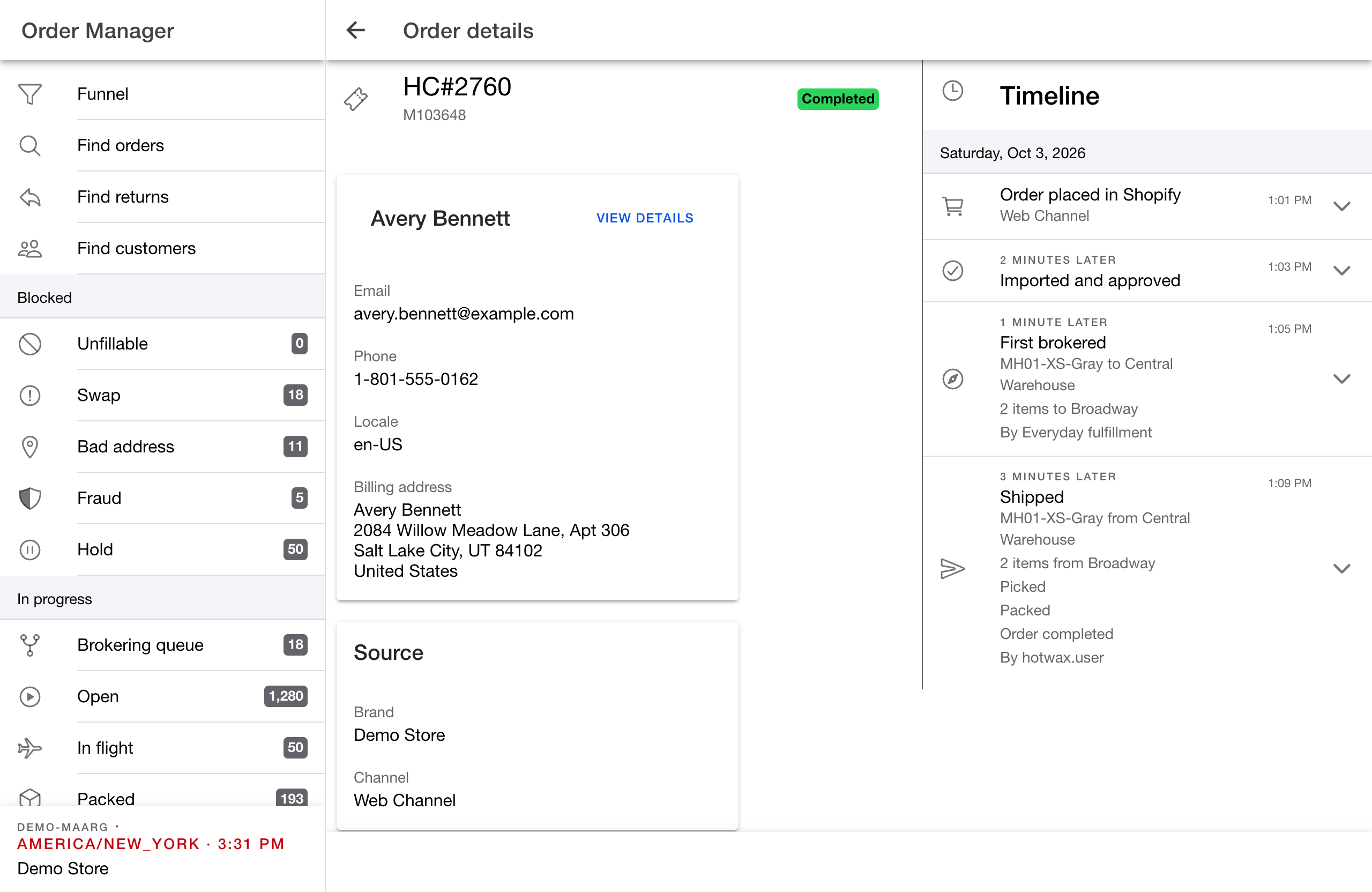 Order Manager showing order placement, approval, routing, and completed fulfillment in its timeline