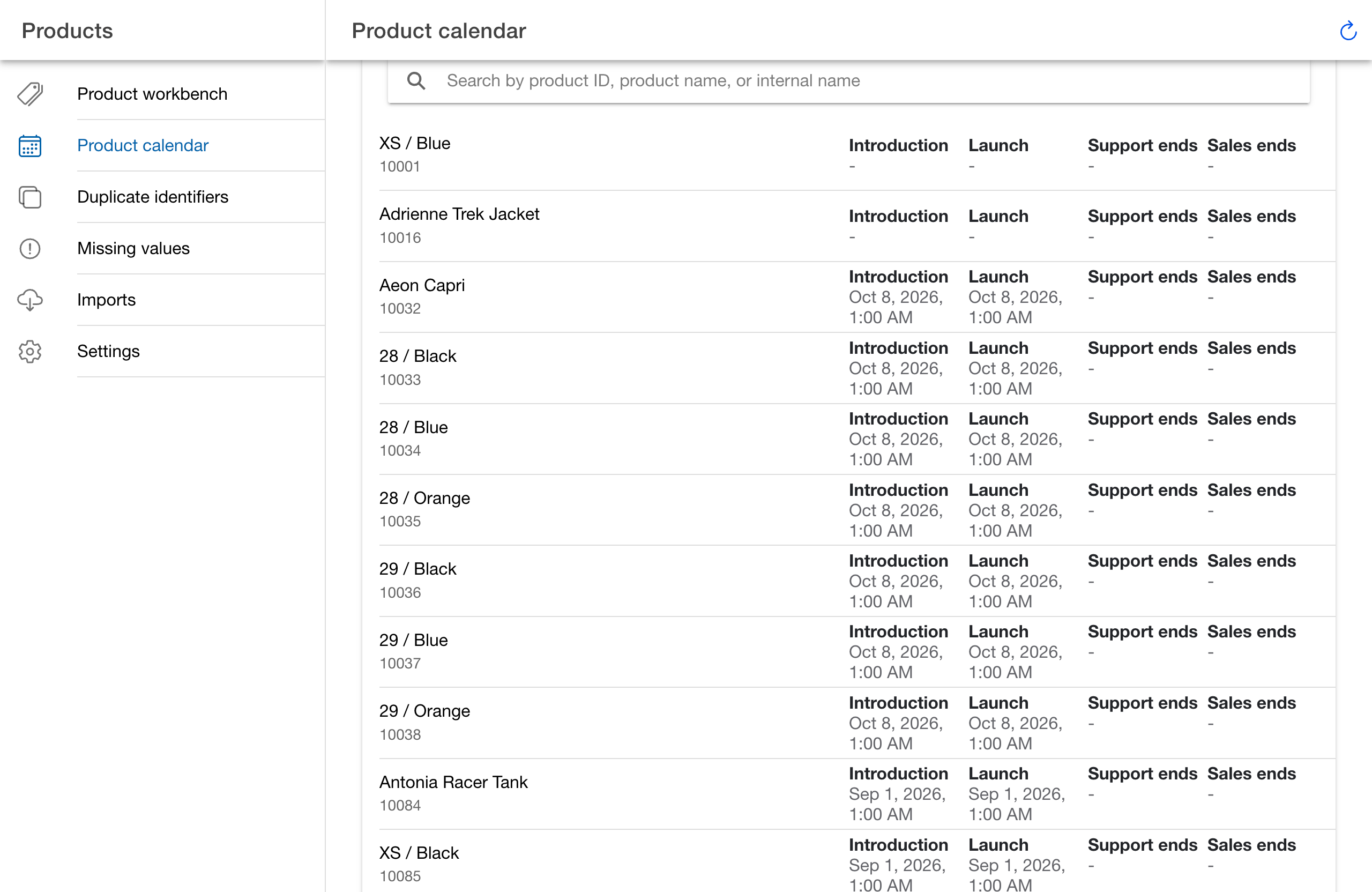 Products calendar with stored demo introduction and launch dates for products and variants