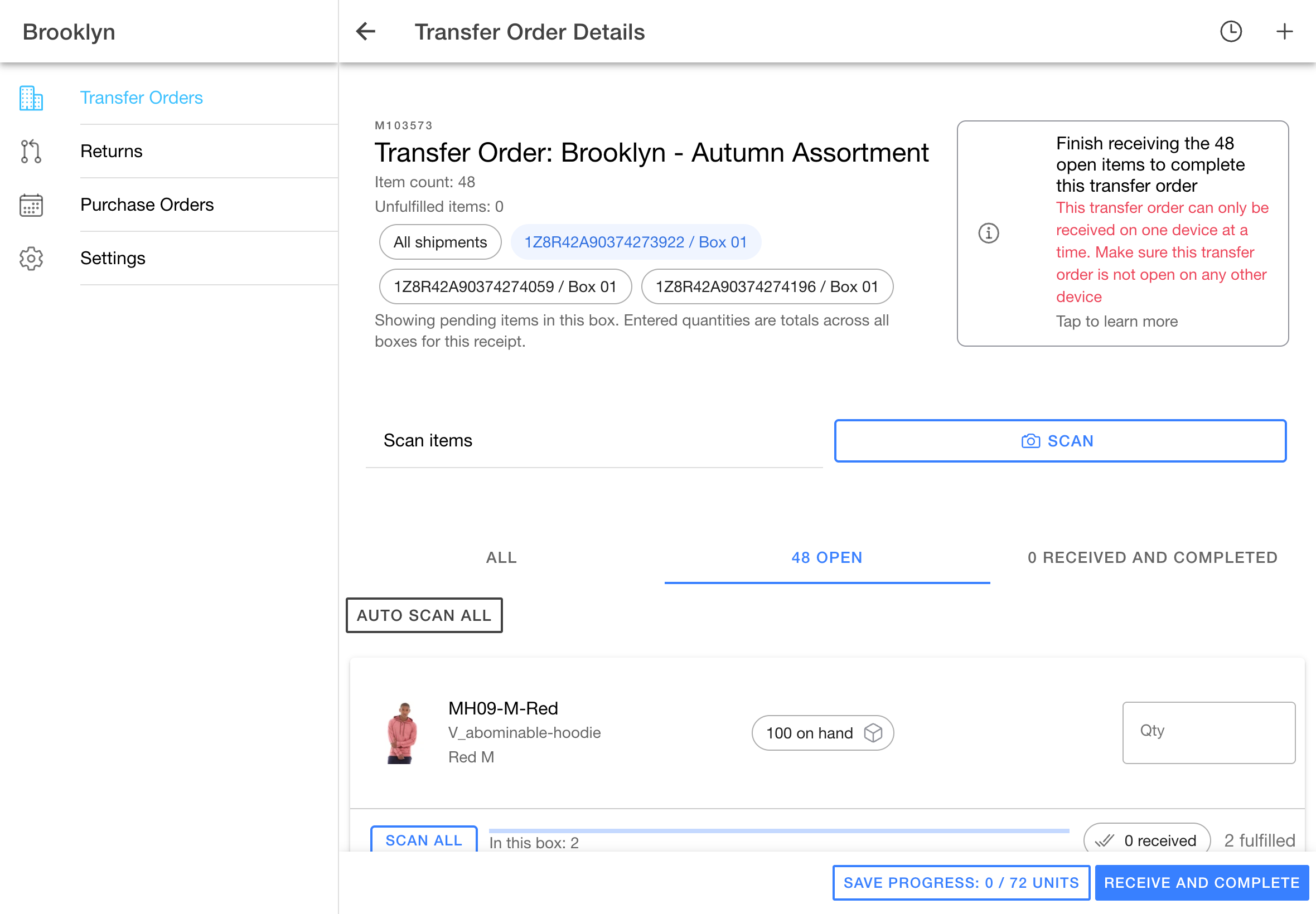 Receiving opens an existing demo transfer to a tracked shipment box with product details and pending quantities