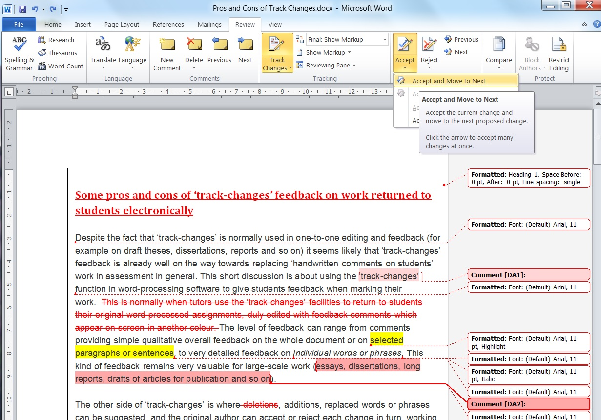 Example of track changes in Microsoft Word.