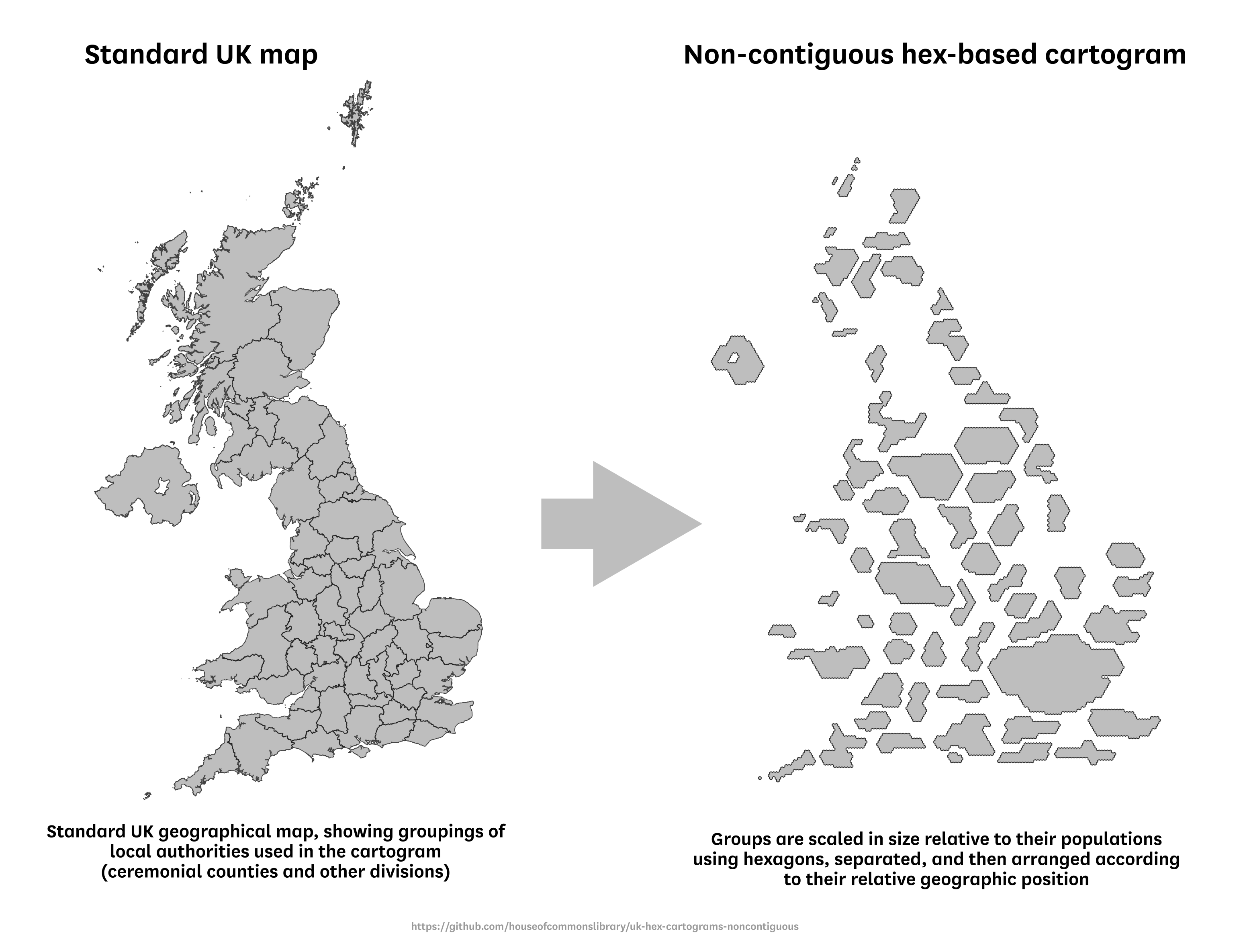 The transition between a geographical map grouped by county, and the non-contiguous UK cartogram