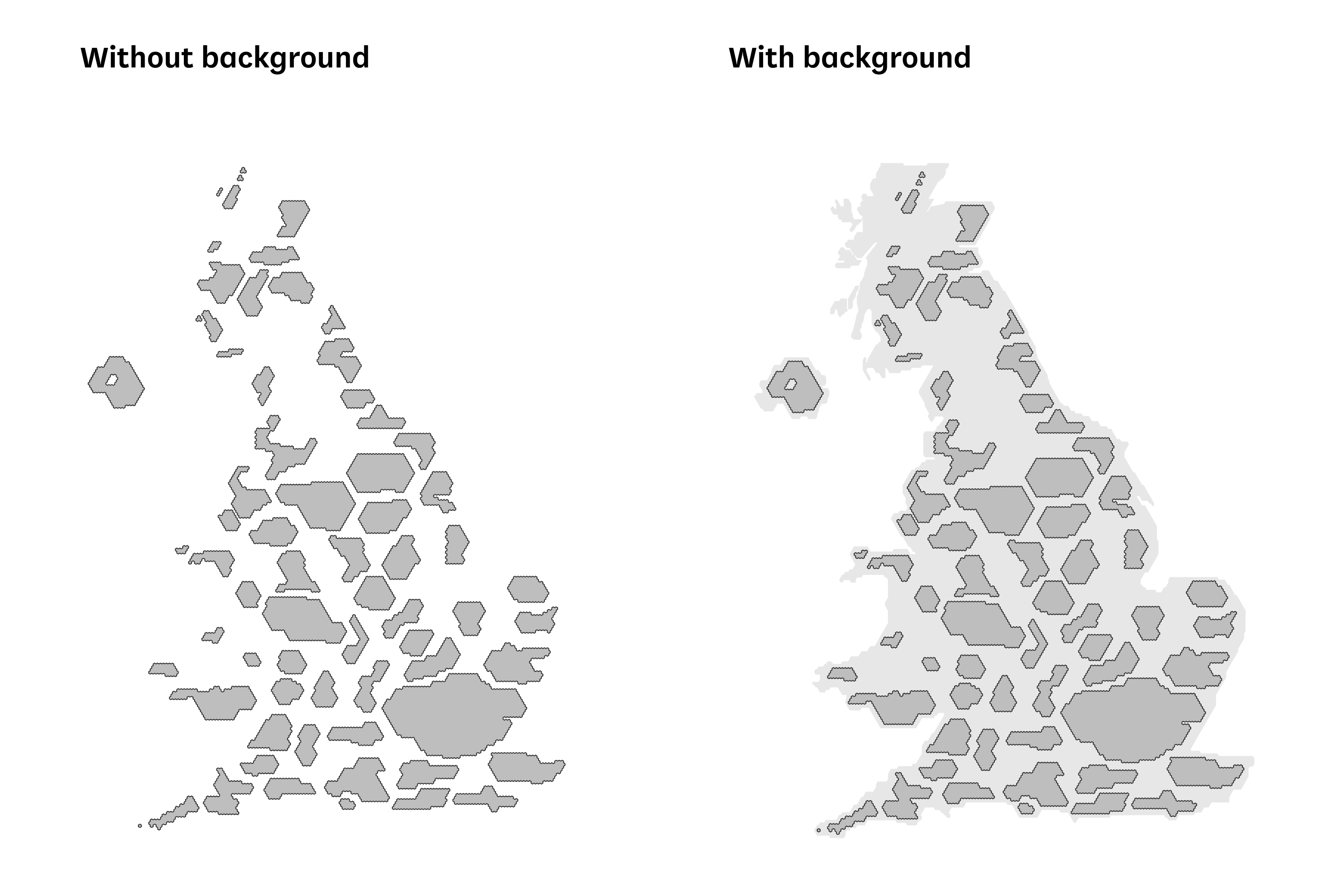 The basic non-contiguous UK cartogram template with and without the backgruond shape