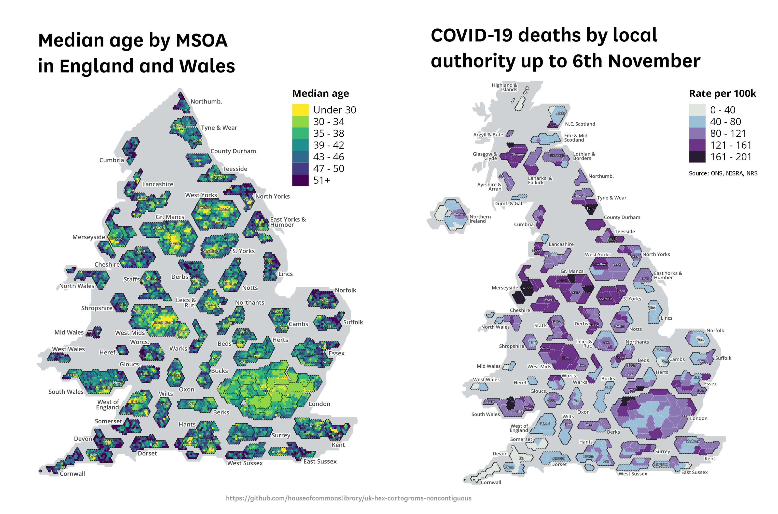 UK hex cartograms non-contiguous examples, MSOA and local authority