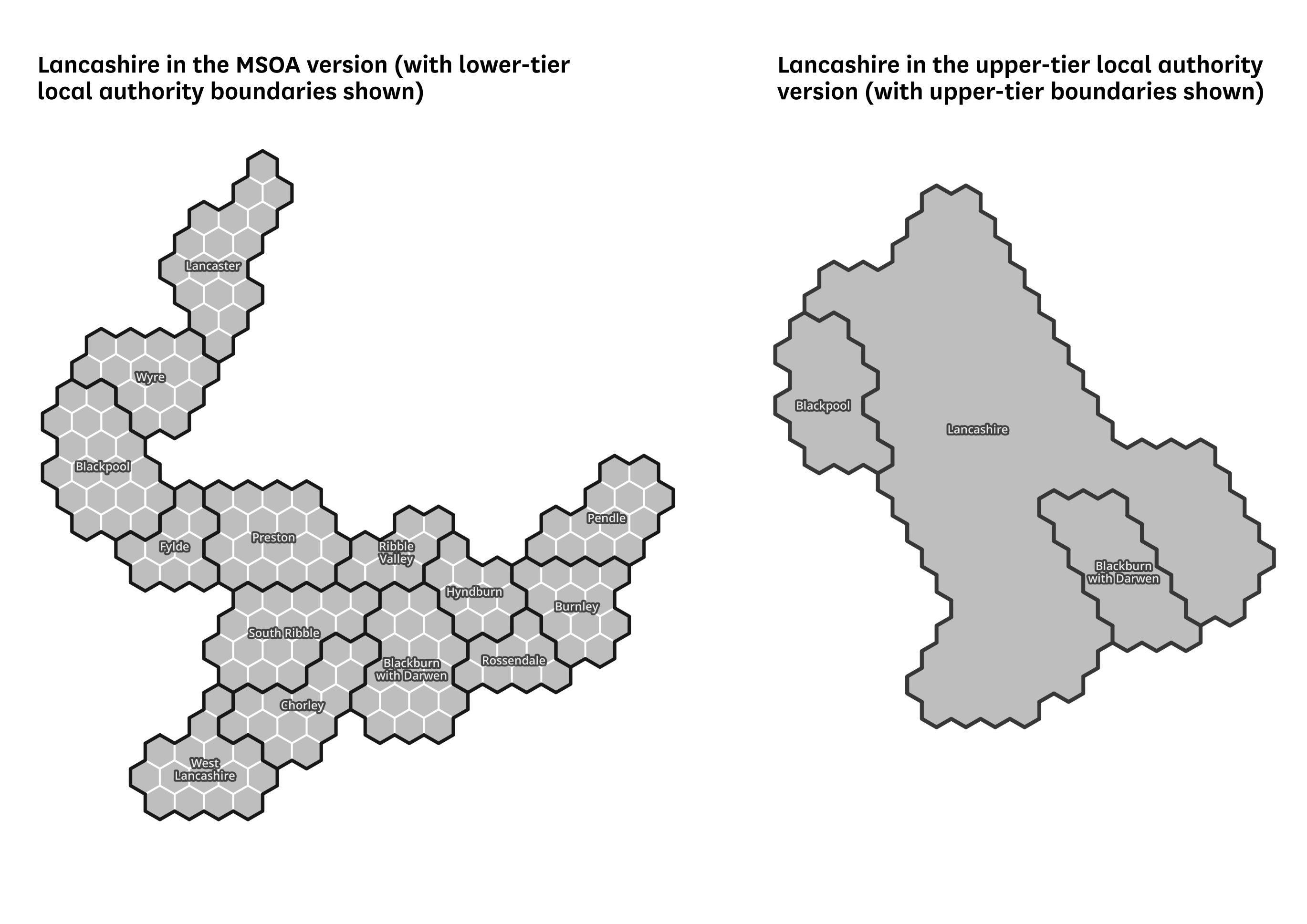 Comparing the shape of Lancashire in the MSOA and upper-tier local authority versions.
