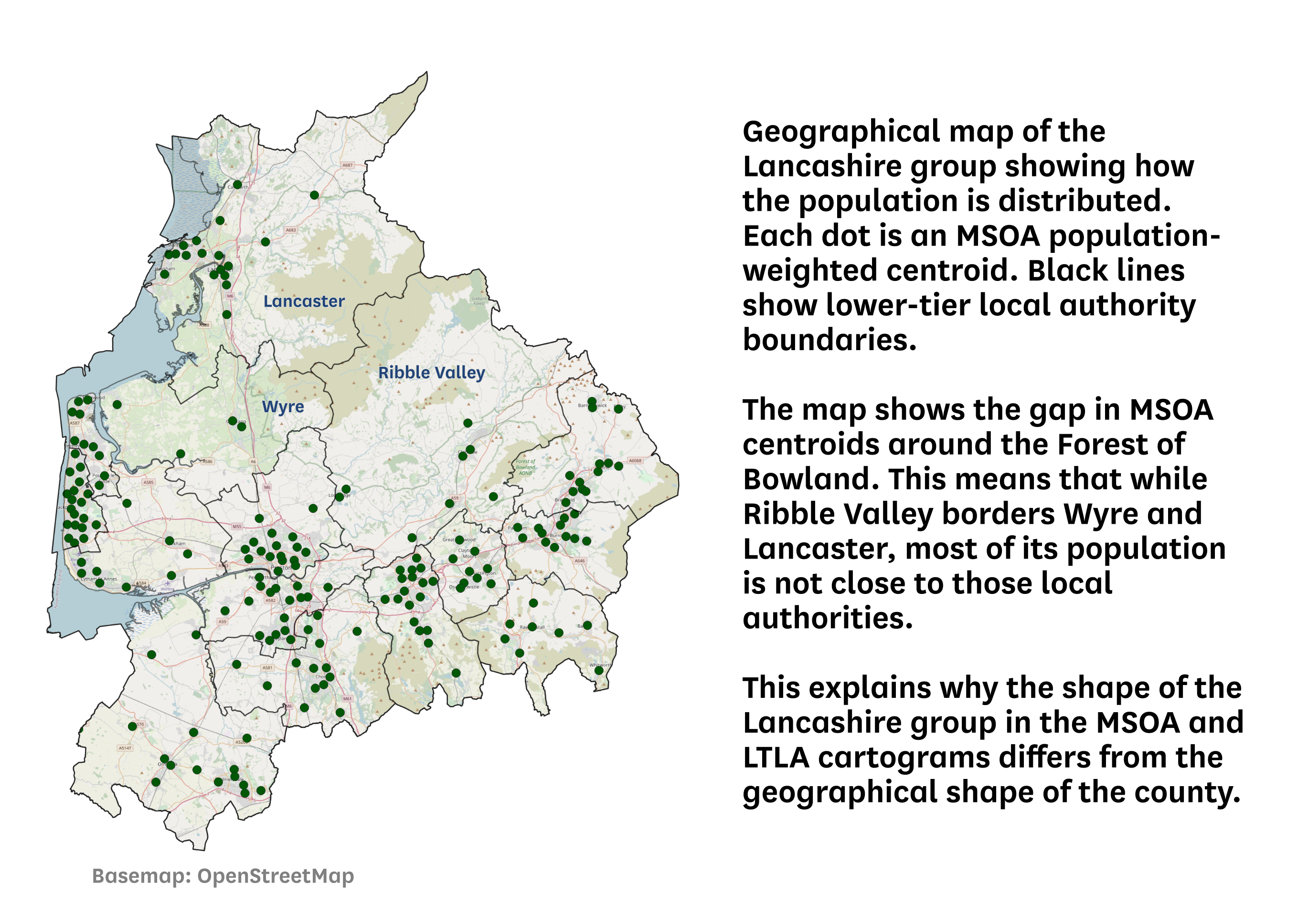 Showing the population distribution of Lancashire via MSOA population weighted centroids. Ribble Valley and Lancaster share a border but their populations are far apart.