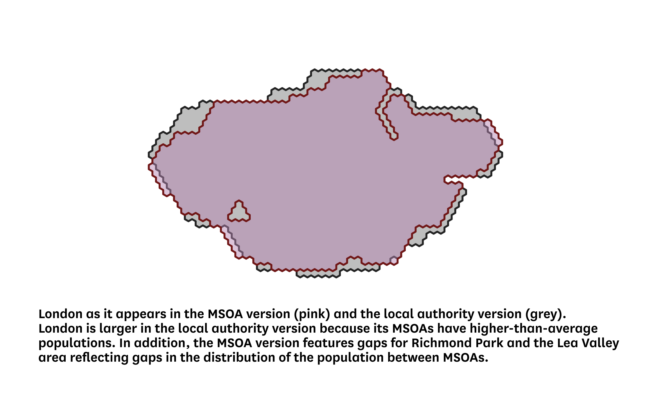 The different size of London on the local authority and MSOA hex cartograms