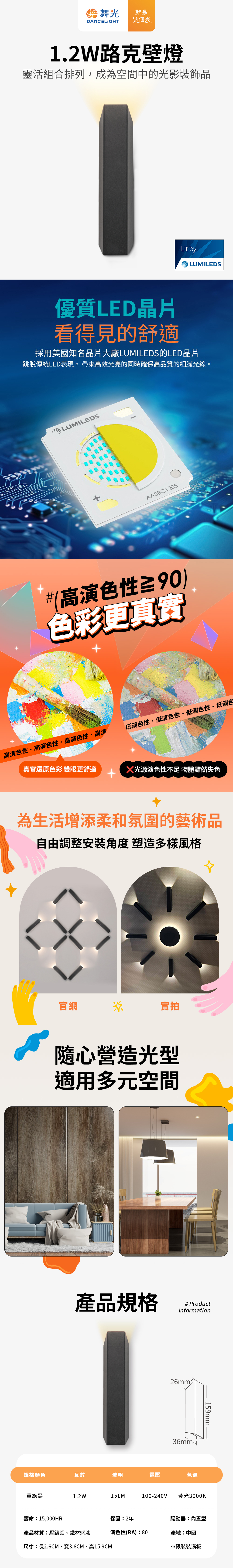 舞光DanceLight 1.2W路克壁燈 全電壓 牆燈 上發光 可隨意排列角度 2年保固(貴族黑)  ✔️讓光線成為室內最迷人的點綴 ✔️靈活組合排列不同光影效果 ✔️壓克力導光設計 ✔️唯美光暈，柔和不刺眼   品牌：舞光DANCELIGHT 型號：D-26023-BK 功率：1.2W 流明：15LM 光效：12LM/W 色溫：黃光3000K 電壓：100-240V 保固：2年 壽命：15000hr 驅動器：內置型 演色性：90 產地：中國 產品材質：壓鑄鋁、鐵材烤漆 尺寸：長2.6cm、寬3.6cm、高15.9cm ※限裝裝潢板 ： 註：以上數據僅供參考，實際數據依原廠外包裝為主。