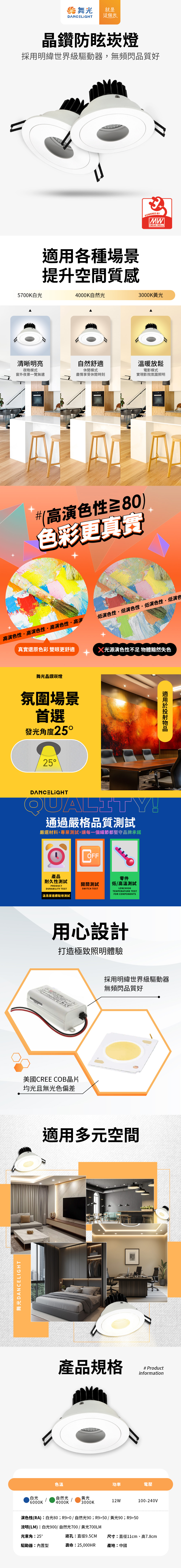 舞光DanceLight 12W晶鑽防眩嵌燈 崁孔9.5cm窄角崁燈 25度聚光投射(白光/黃光/自然光) ✔️窄角投射 精準聚光 ✔️穩定輸出,零頻閃護眼 ✔️強化暖色,讓空間氛圍更溫暖 ✔️光線均勻,高演色呈現真實色彩 品牌:舞光DANCELIGHT 型號:白光LED-25101DR1 / 黃光LED-25101WR1 / 自然光LED-25101NR1 功率:12W 流明:白光900LM / 黃光700LM / 自然光700LM 光效:白光75LM/W / 黃光58LM/W / 自然光58LM/W 色溫:白光6000K / 黃光3000K / 自然光4000K 電壓:100-240V 保固:2年 壽命:25000hr 驅動器:外置型 演色性:白光80 / 黃光90 / 自然光90 光束角:25° 產地:中國 產品材質:壓鑄鋁、玻璃 尺寸:直徑11cm、高7.8cm : 註:以上數據僅供參考,實際數據依原廠外包裝為主。