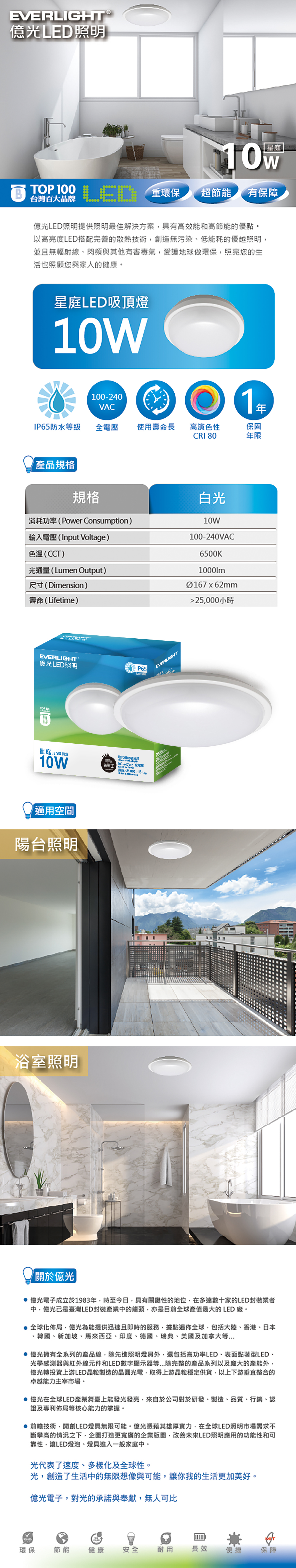 EVERLIGHT®光LED照明B台灣百大品牌 TP 10 LED重環保超節能有保障光LED照明提供照明最佳解決方案具有高效能和高節能的優點。以高亮度LED搭配完善的散熱技術創造無污染低能耗的優越照明並且無輻射線、與其他有害愛護地球做環保照亮您的生活也照顧您與家人的健康。星庭LED吸頂燈10W100-240VACO IP65防水級全電壓 使用壽命長高演色性保固CRI 80年限產品規格規格白光消耗功率Power Consumption10W輸入電壓(Input Voltage)AC色溫(CCT)6500K1000lm光通量(Lumen Output)尺寸(Dimension)壽命(Lifetime)EVERLIGHT®光LED照明IP65防水等級TOP 100星庭LED吸頂燈取代傳統吸頂燈節能10W| 100-240Vac 全電壓100-240V 壽命alt=