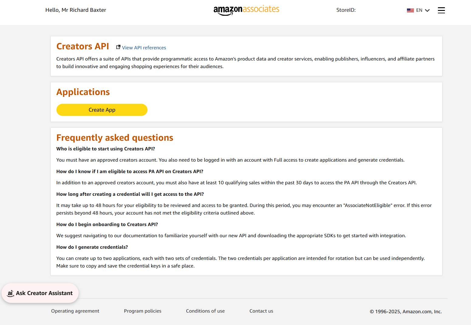 Associates Central Creators API page with the Create application button