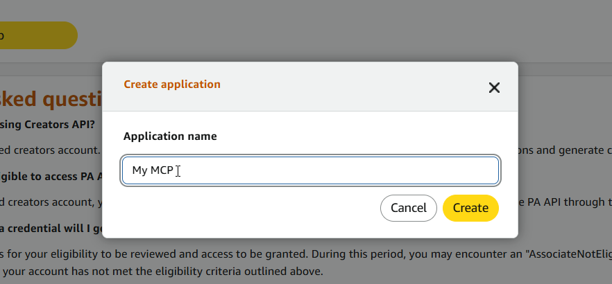 Application creation form showing name, description and region selector