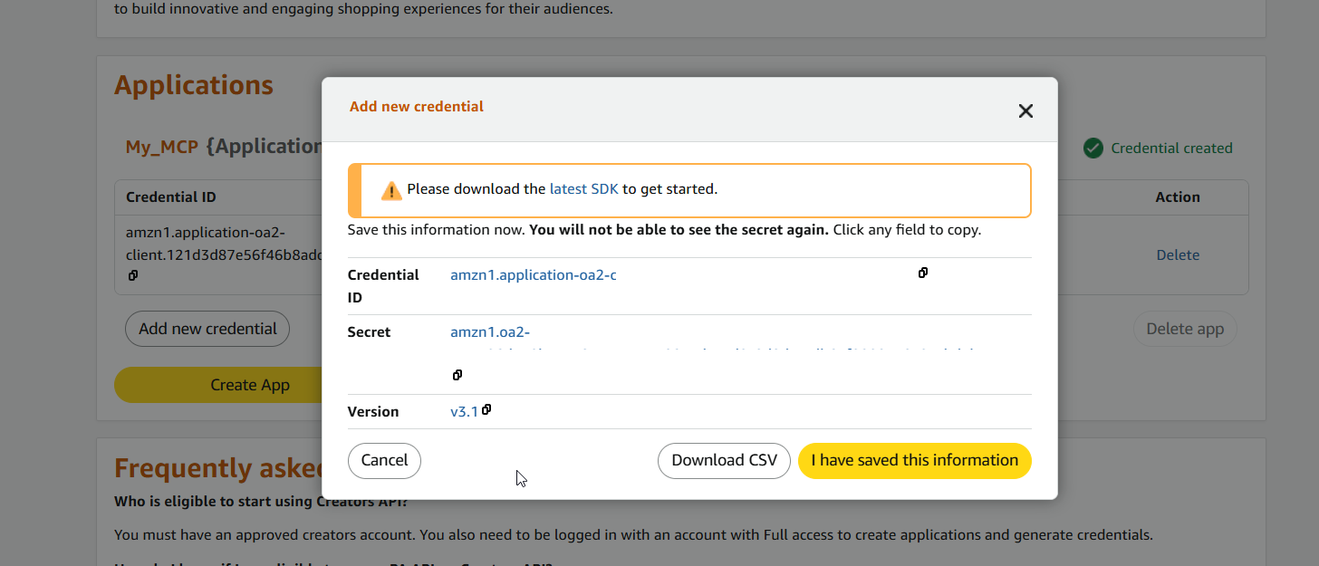 Generated credentials screen with Credential ID and Secret fields
