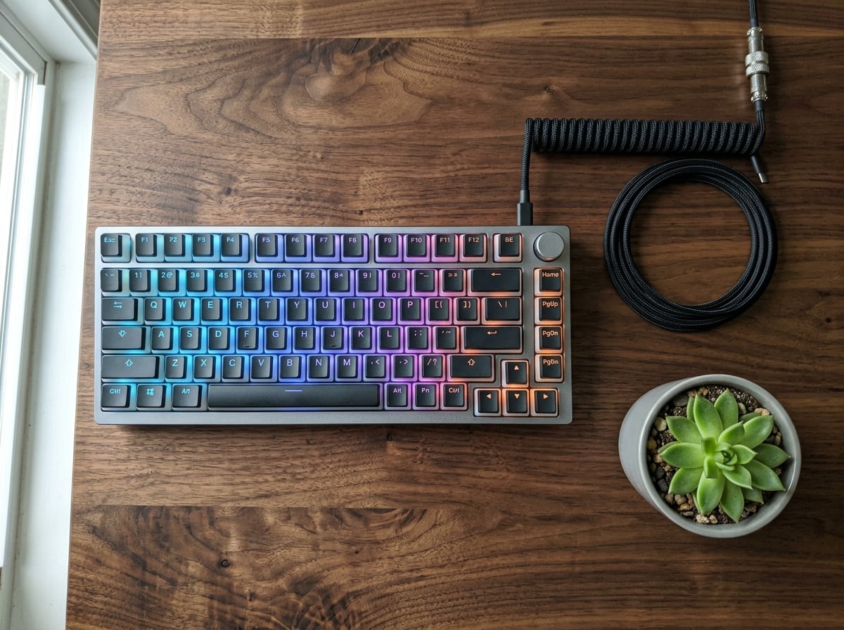 Flat-lay of a mechanical keyboard on a walnut desk, Nano Banana 2