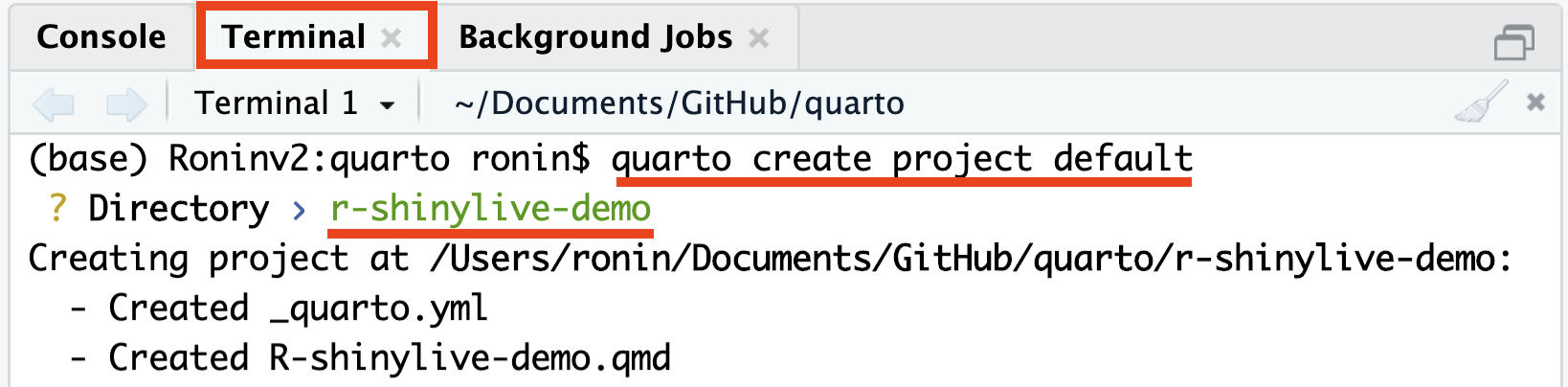 Screenshot showing the Terminal tab of RStudio with the command to create a Quarto project.