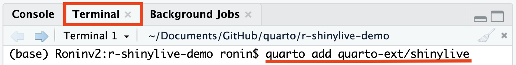 Screenshot showing the Terminal tab of RStudio with the Quarto Extension installation command.