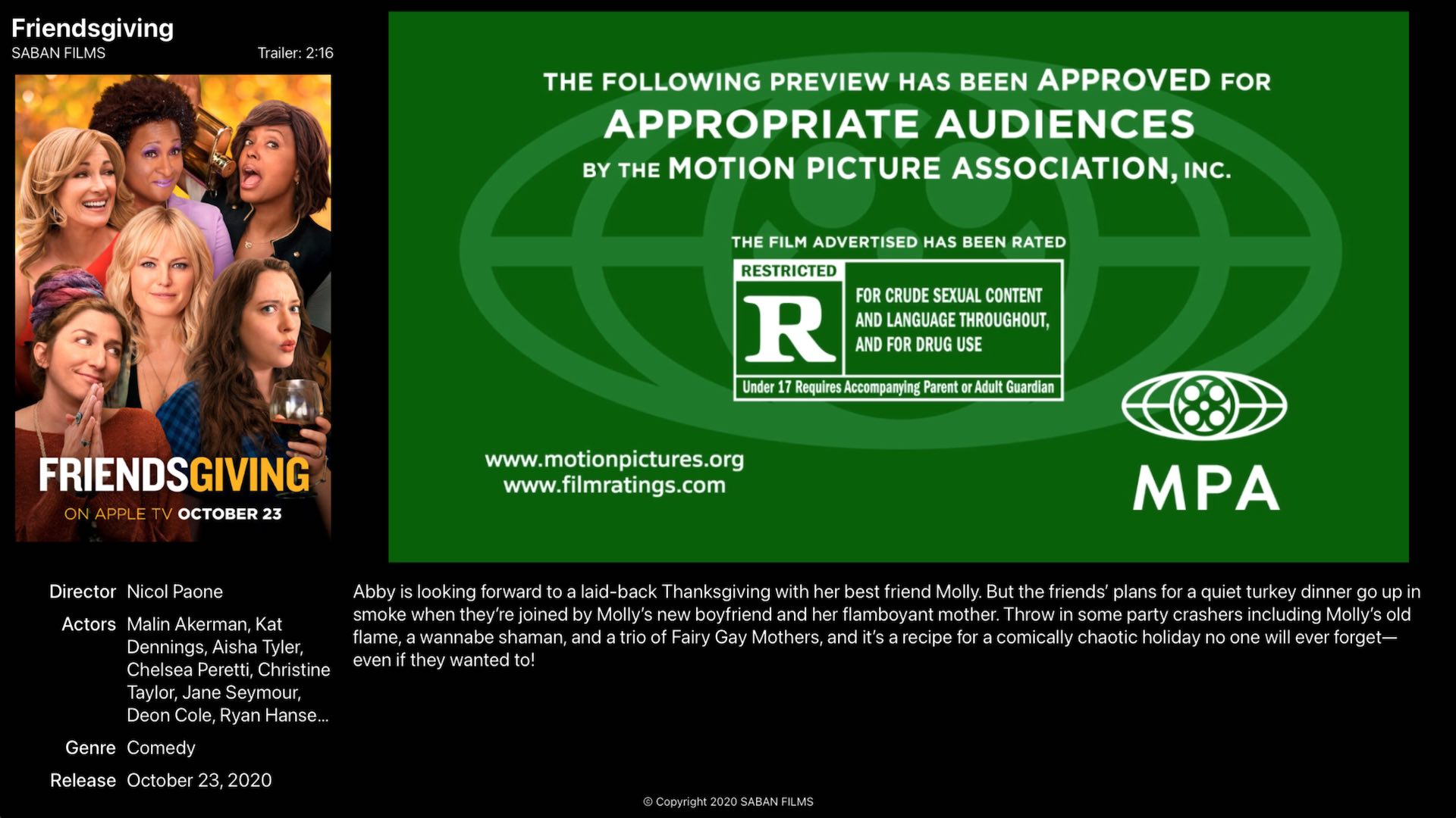 Screenshot of TV interface showing a movie poster on the left, the words "An Apple original" on the right in a video player, and metadata about a movie below.