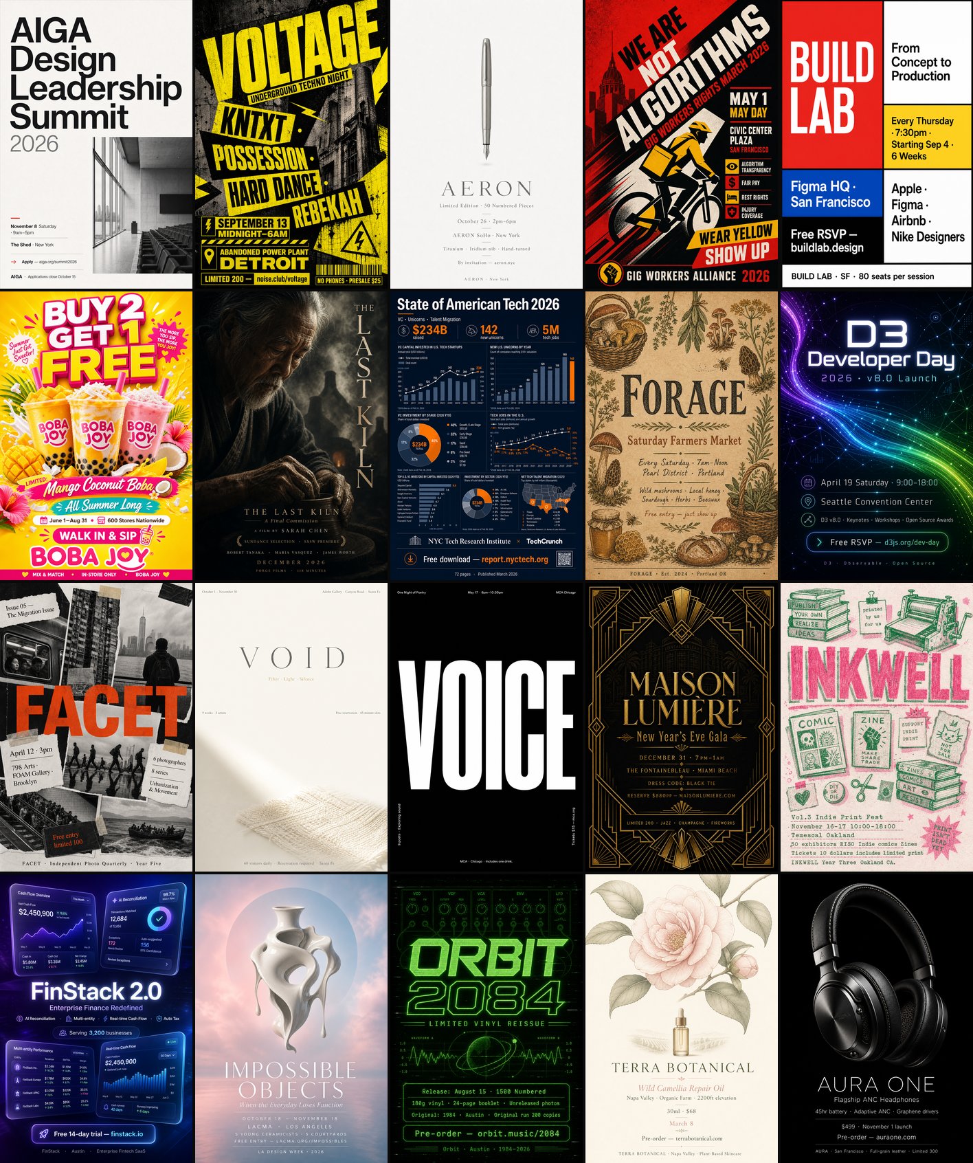 20 poster styles arranged in a 4-row by 5-column grid