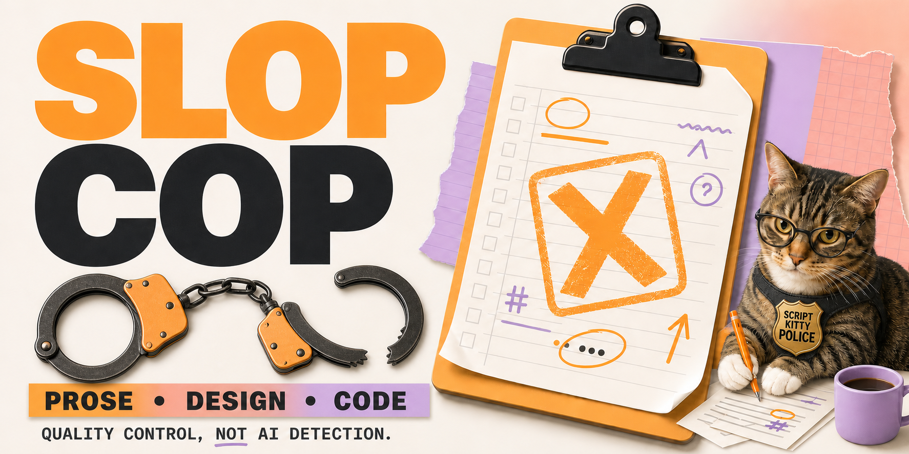 Slop Cop cat officer booking clichés with handcuffs