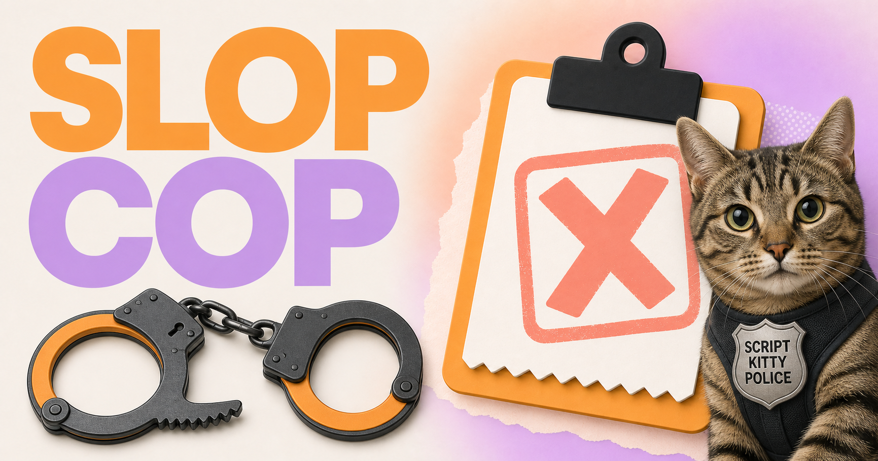 Slop Cop social card with handcuffs and Script Kitty Police cat mascot