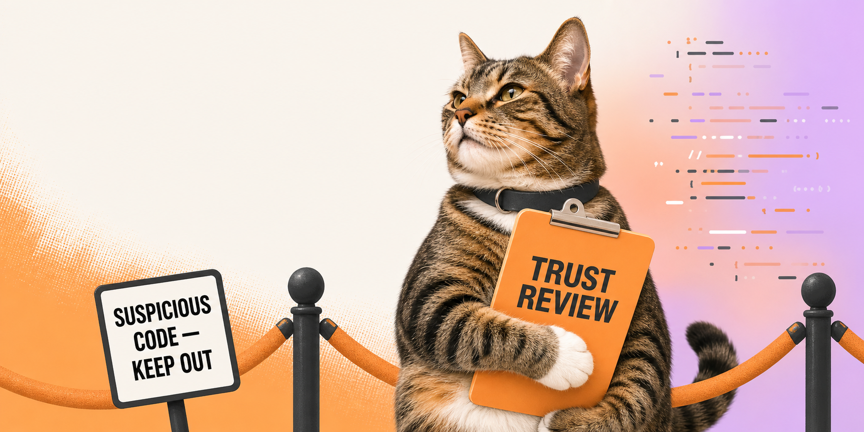 A tabby cat security reviewer turning suspicious code away at the door