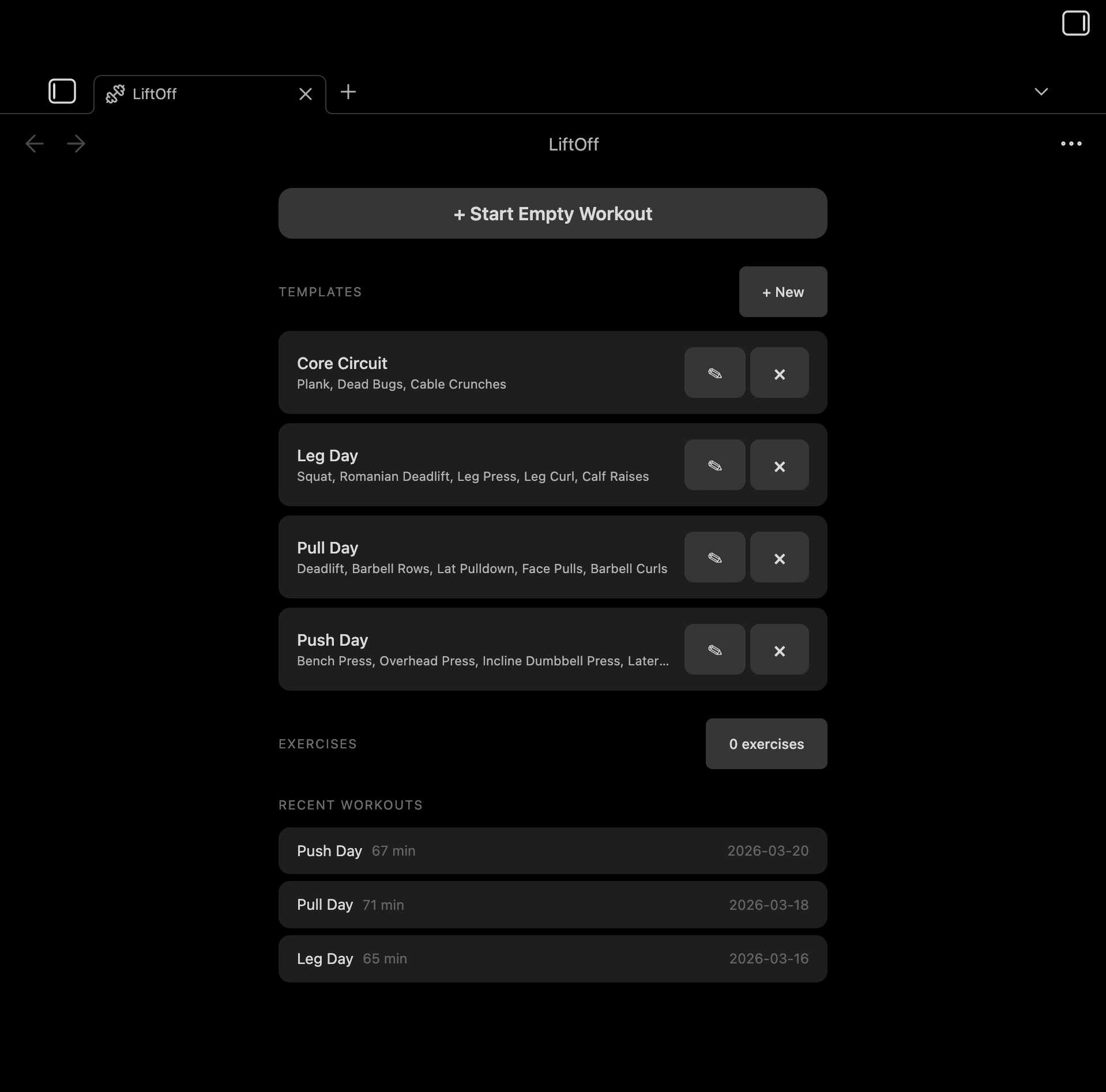 Home screen with templates and recent workouts