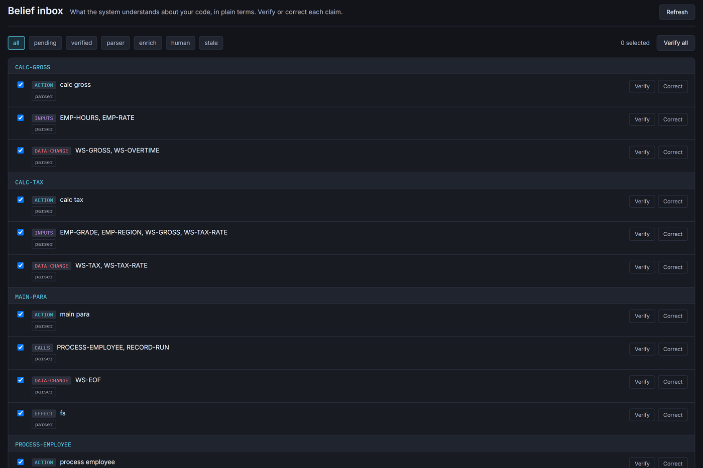 The Studio's Beliefs page for the COBOL payroll example: inputs and data written for each paragraph