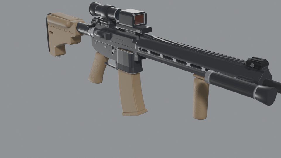 An AR-15 with a holographic sight, a magnifier, a light and a vertical grip