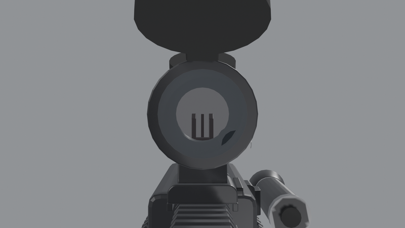 The sight picture through a red dot, the A2 post in its middle