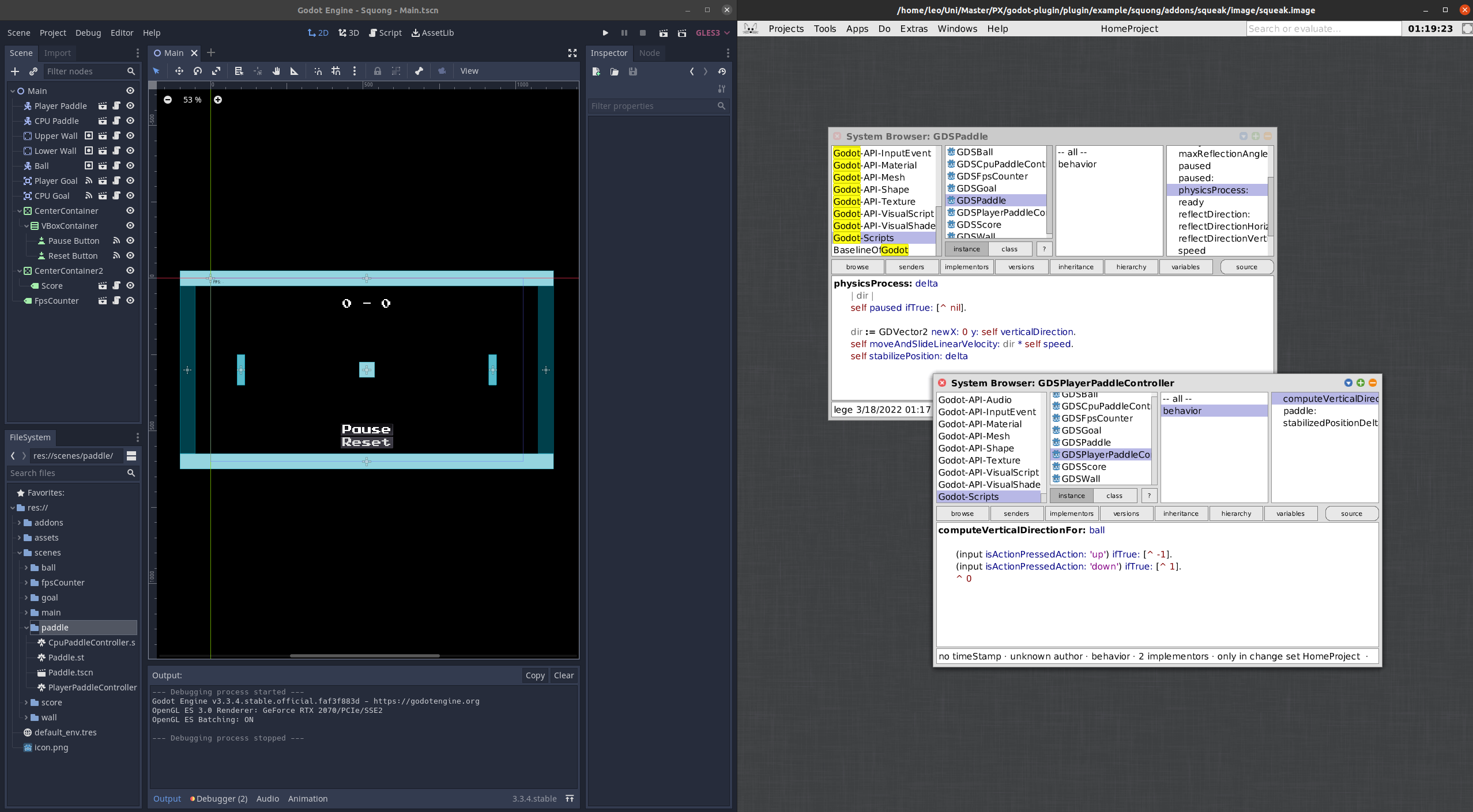 Screenshot of the Godot editor and Squeak windows side-by-side