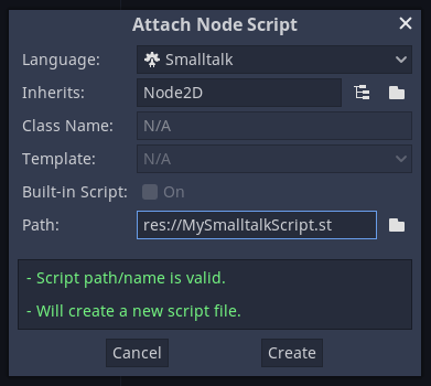 Screenshot of the script creation dialog