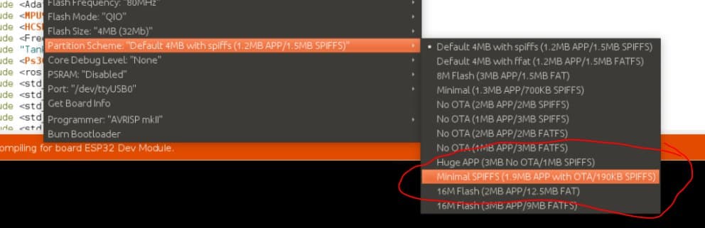 ESP32 partition selection on IDE