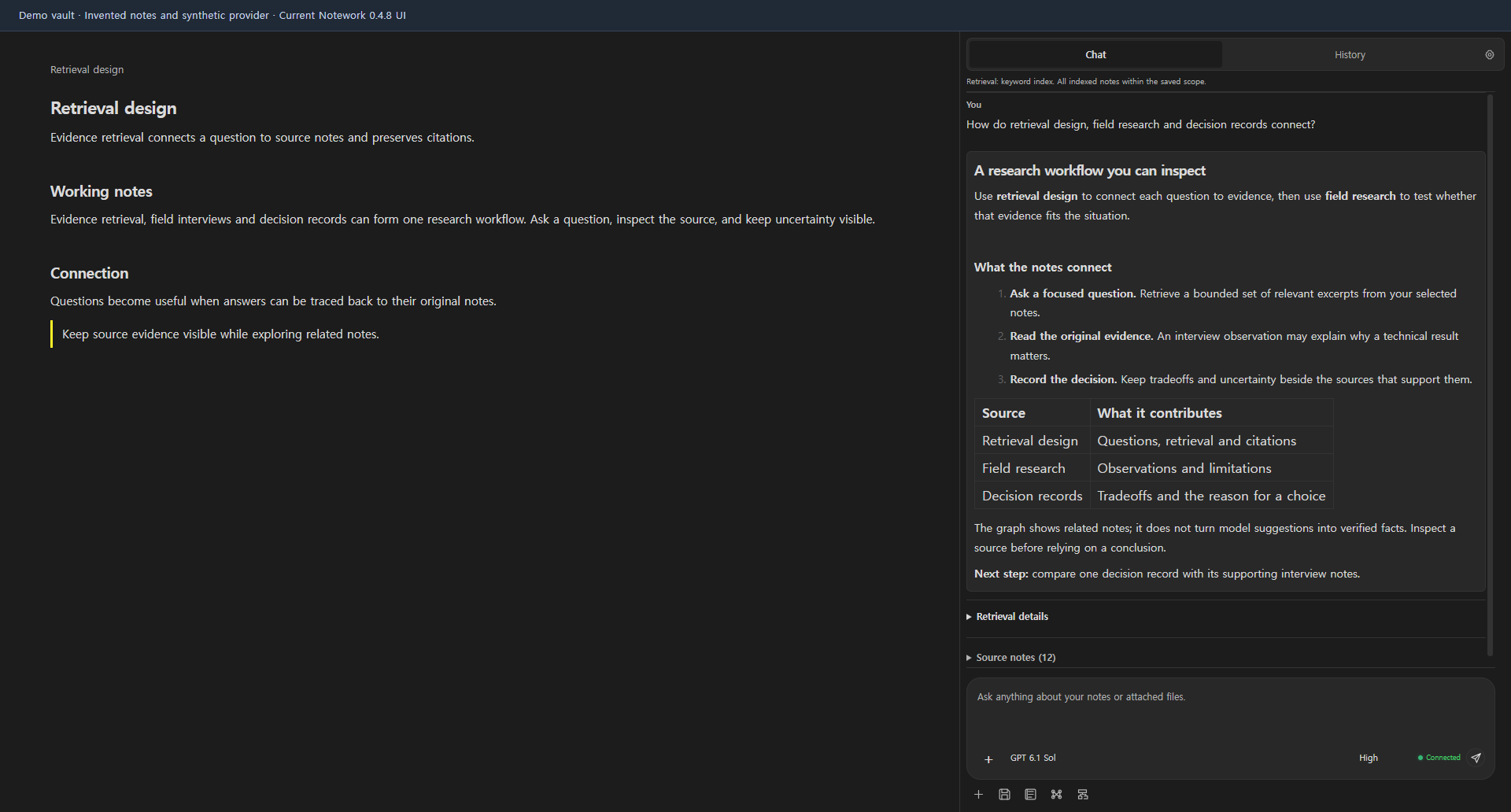 Current desktop chat with source evidence. Invented notes and synthetic provider state; not a live provider result.