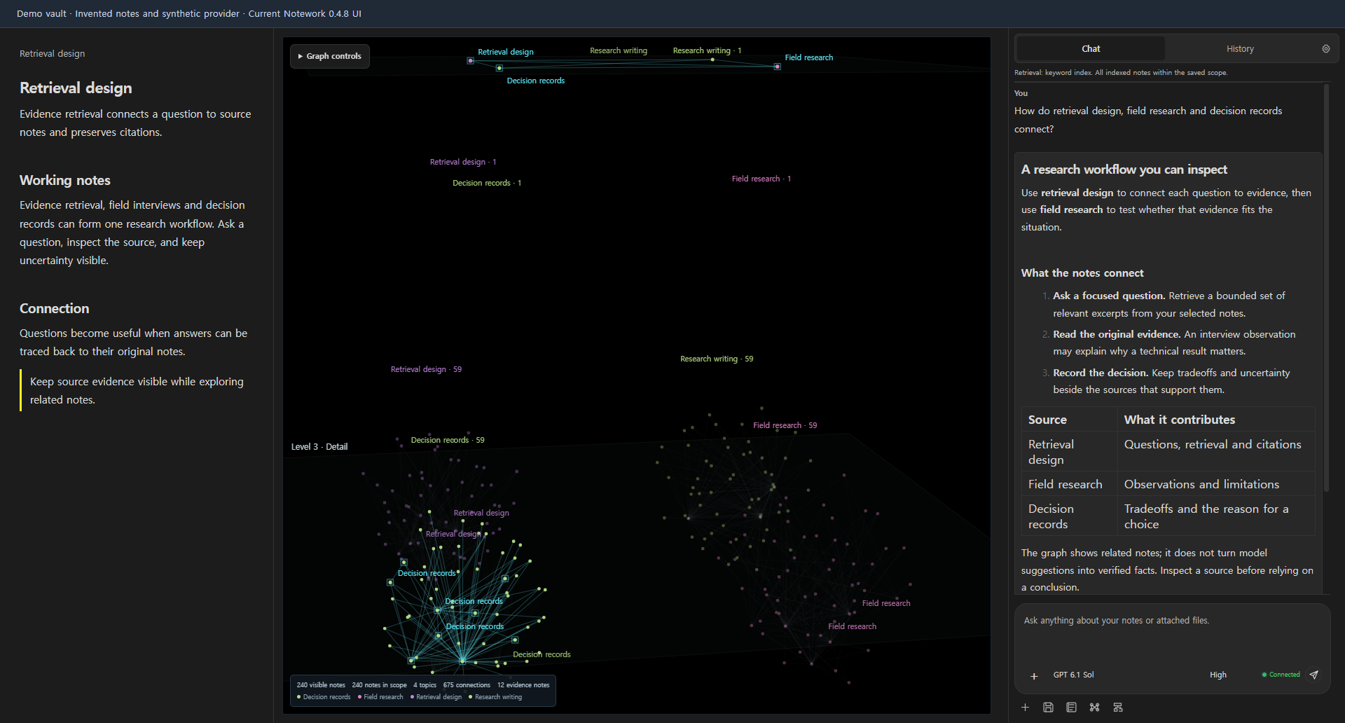 Current desktop knowledge workspace with graph, document and chat. Invented notes and synthetic provider state.