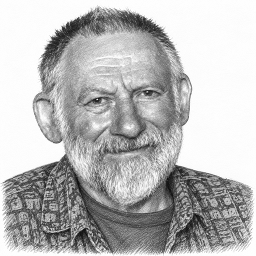 Shaded pencil portrait of Christopher Alexander