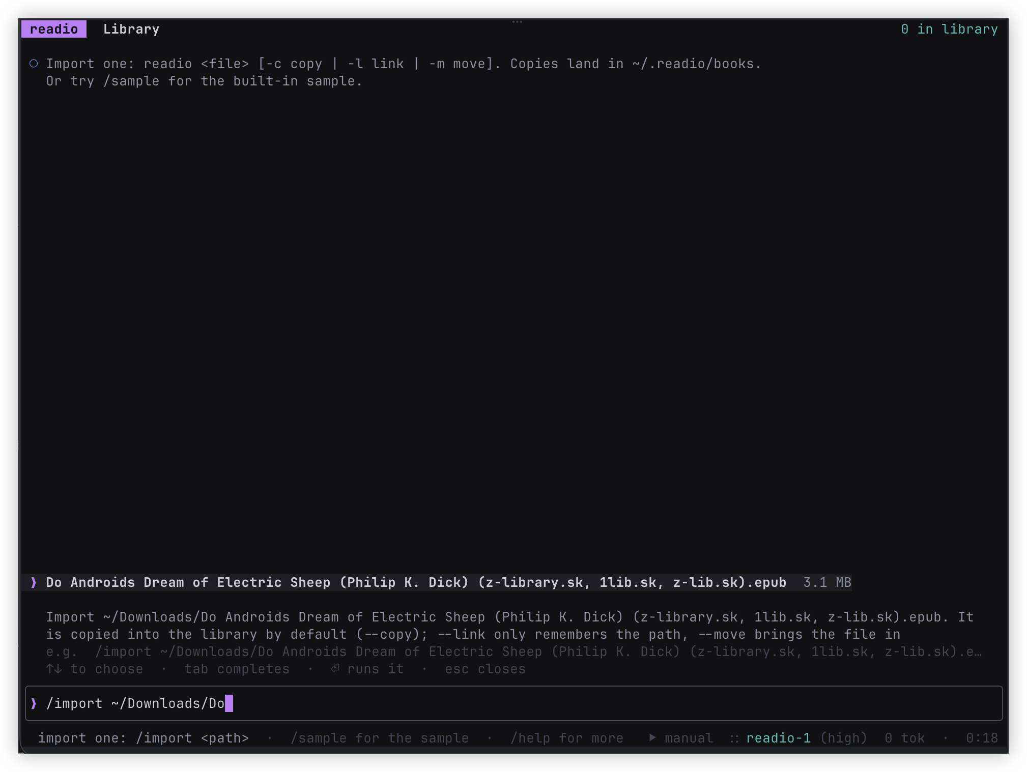 Importing an EPUB from the readio library